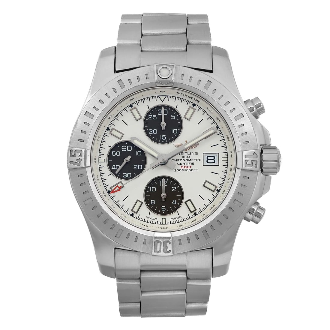 Breitling Colt Steel Chronograph Men's Watch A1338811/G804-173A White Dial Gray Bezel: Breitling Colt Steel Chronograph Men's Watch A1338811/G804-173A White Dial Gray Bezel Experience precision and style with the Breitling Colt Steel Chronograph Men's Watch (Model: A1338811/G804-173A).