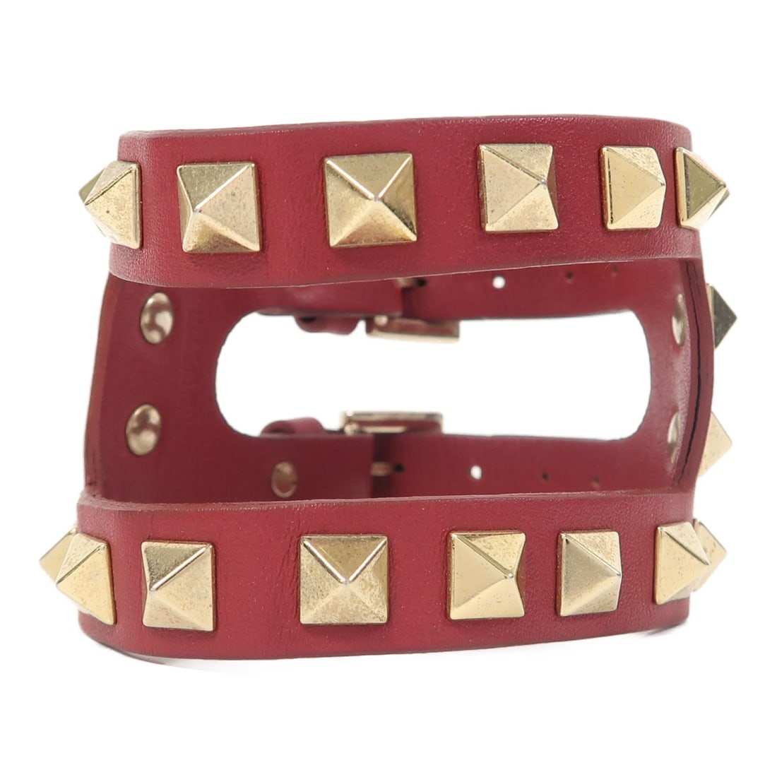 Valentino Red Lambskin Leather Bangle Bracelet: Valentino Red Lambskin Leather Bangle Bracelet This Valentino bangle bracelet is crafted from luxurious red lambskin leather, showcasing a sleek and elegant design. The bracelet features a rich red co