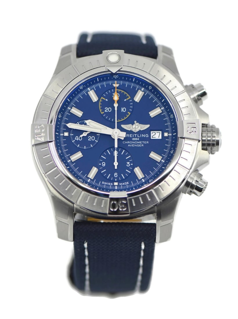 Breitling Avenger Chronograph A13317 Stainless Steel 45mm Watch with Box and Papers: Breitling Avenger Chronograph A13317 Stainless Steel 45mm Watch with Box and Papers Discover the Breitling Avenger Chronograph, a stunning stainless steel wristwatch that combines precision and style.
