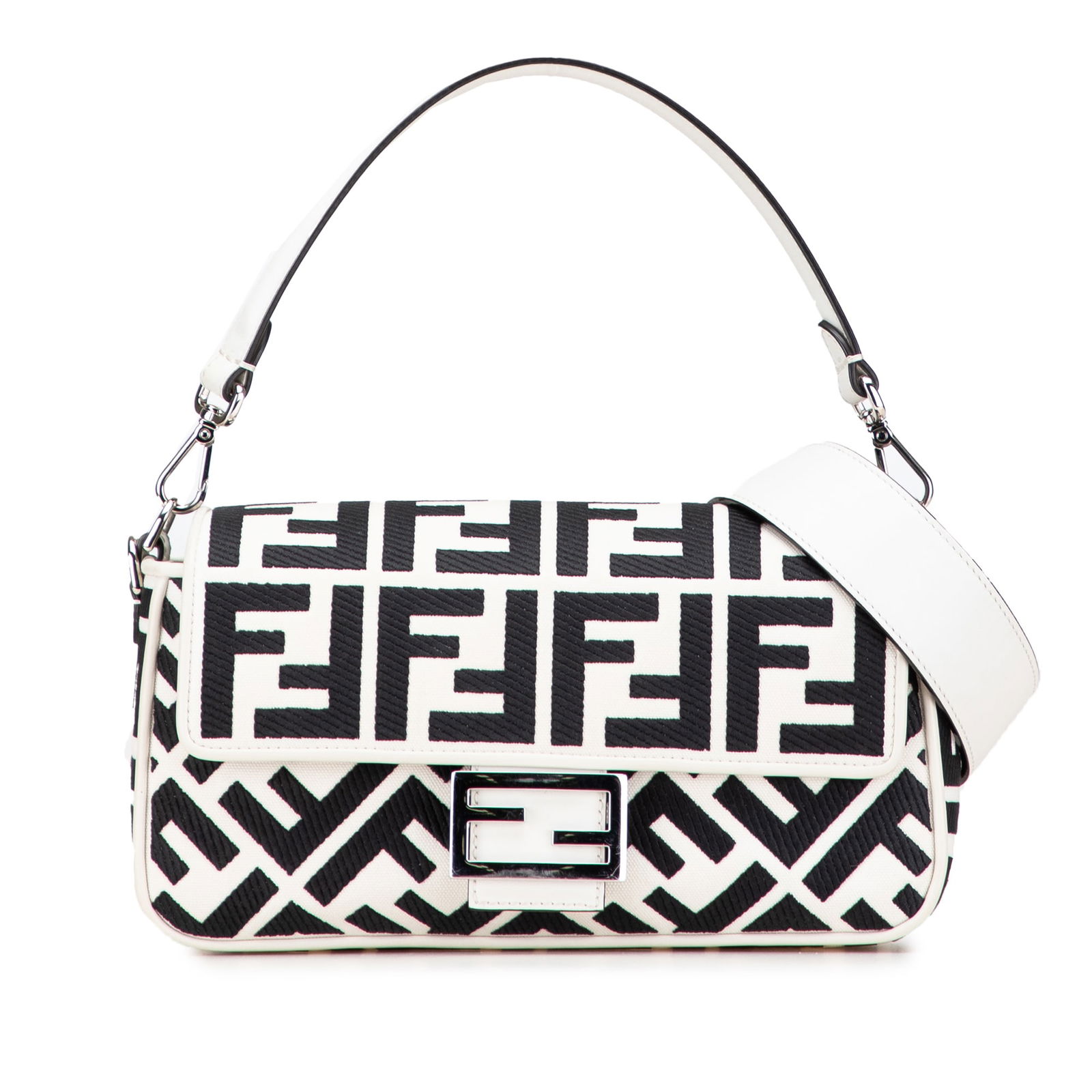 Fendi Zucca Embroidered Canvas Baguette Satchel Bag White: Fendi Zucca Embroidered Canvas Baguette Satchel Bag White This Fendi Zucca Embroidered Canvas Baguette Satchel is a chic and stylish accessory, crafted with an embroidered canvas body and enhanced by