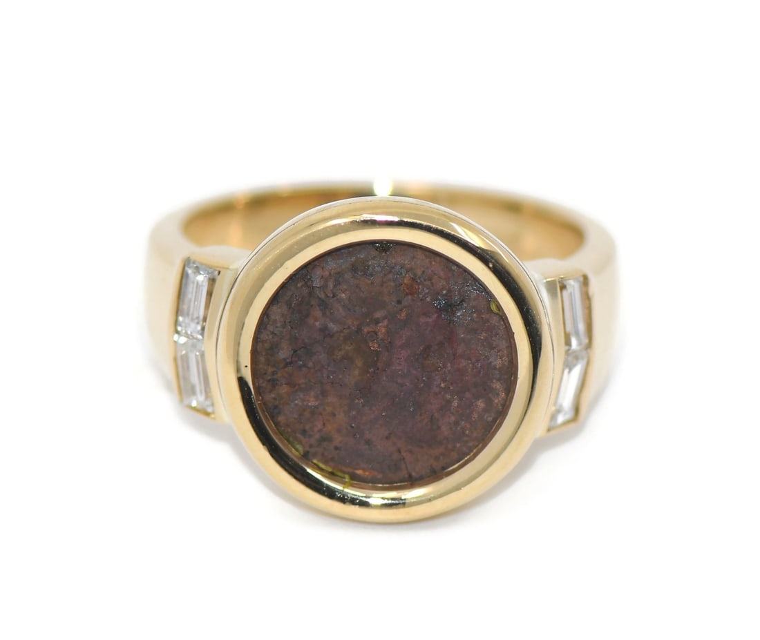 Bvlgari Ancient Coin Diamond 18K Yellow Gold Ring Authentic: Bvlgari Ancient Coin Diamond 18K Yellow Gold Ring Authentic This exquisite Bvlgari ring combines timeless elegance with a unique design featuring an ancient coin motif. Crafted from 18K yellow gold, t