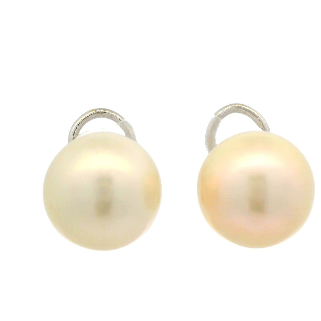 14k White Gold Clip On Earrings with 12.9mm South Sea Pearls: 14k White Gold Clip On Earrings with 12.9mm South Sea Pearls Elevate your style with these exquisite clip-on earrings featuring genuine cultured South Sea pearls. Each pearl boasts a stunning round sh