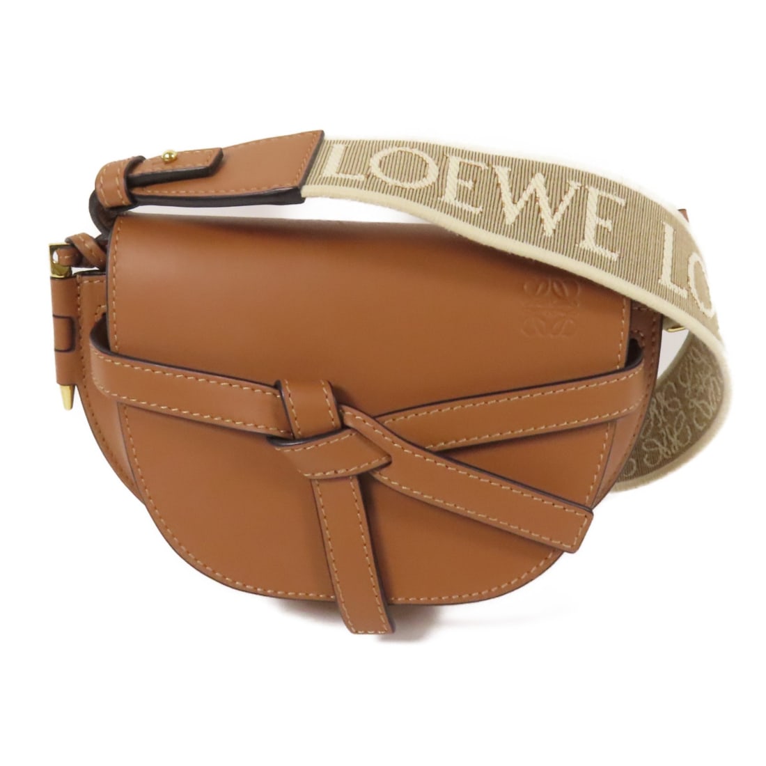 LOEWE Mini Gate Shoulder Bag Brown Calfskin Leather GHW: LOEWE Mini Gate Shoulder Bag Brown Calfskin Leather GHW This LOEWE Mini Gate Shoulder Bag is a stunning accessory crafted from premium calfskin leather in a rich brown hue. Designed with both style an