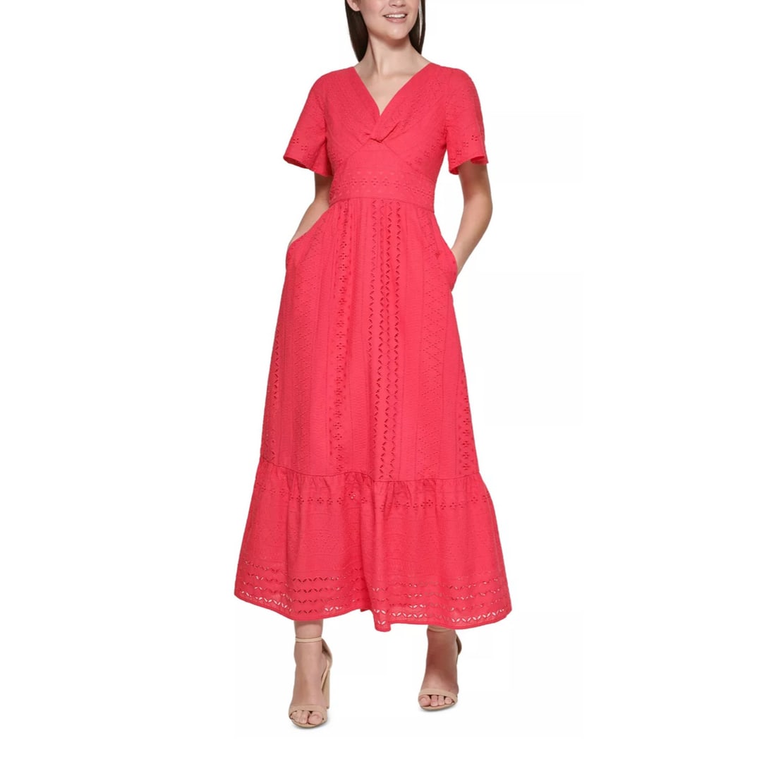 KENSIE Women's Tiered Eyelet V Neck Maxi Dress Fruit Punch Pink Size 2: KENSIE Women's Tiered Eyelet V Neck Maxi Dress Fruit Punch Pink Size 2 Elevate your wardrobe with this chic KENSIE Women's Eyelet V Neck Maxi Dress, designed in a vibrant Fruit Punch Pink. This beauti