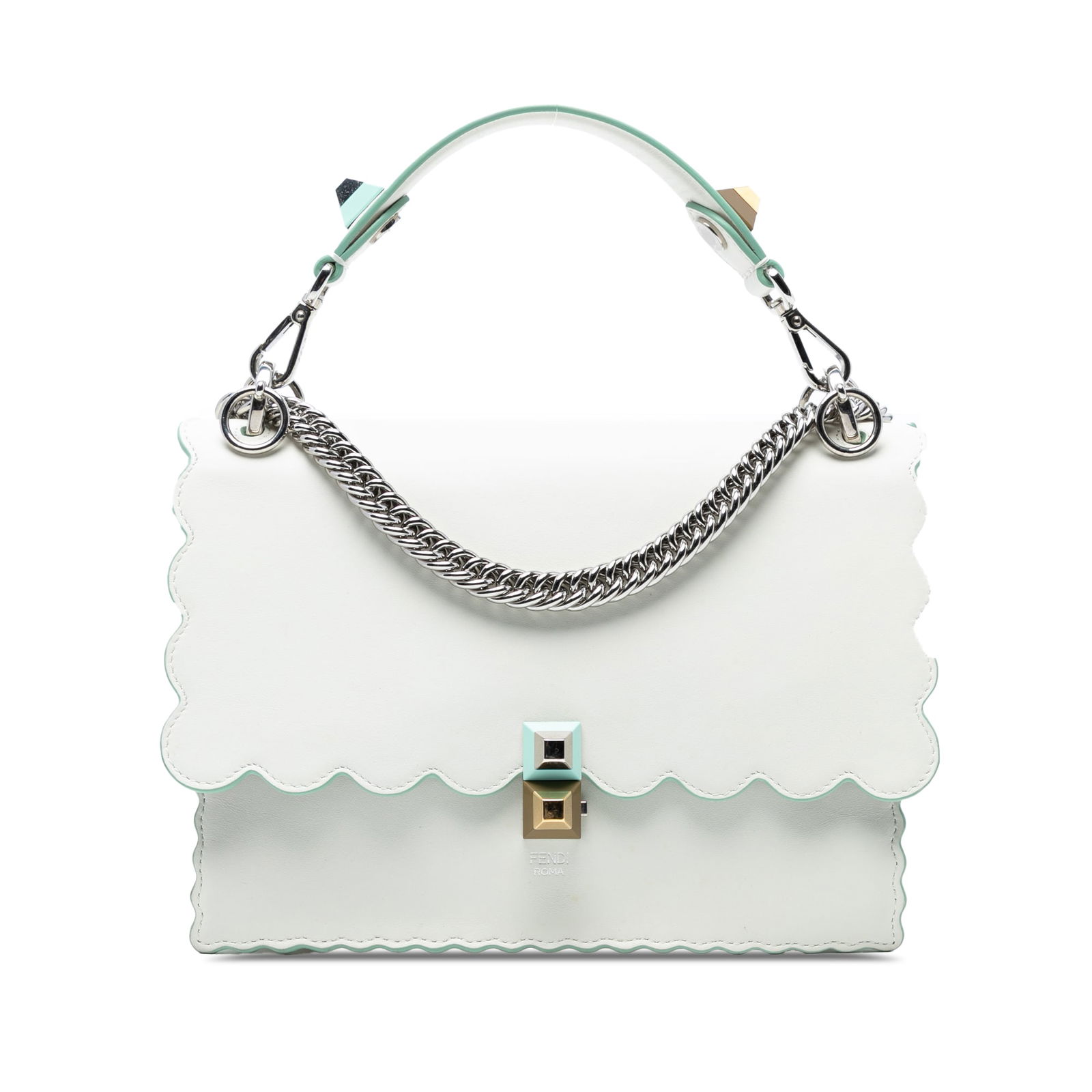 Fendi Medium Scalloped Leather Studded Kan I Satchel in White: Fendi Medium Scalloped Leather Studded Kan I Satchel in White This Fendi Medium Scalloped Leather Studded Kan I Satchel is a stylish and versatile accessory crafted from high-quality leather. It featu