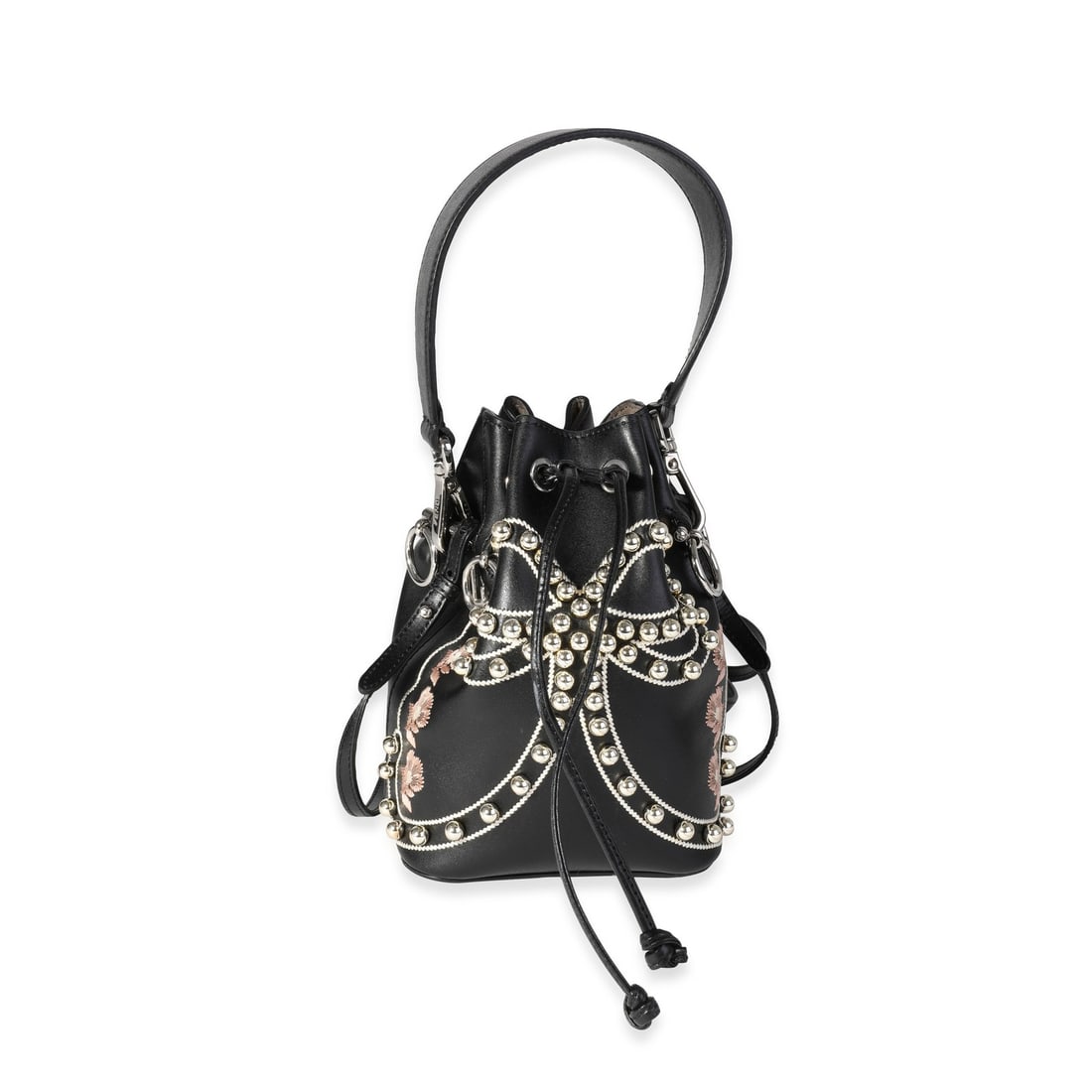 Fendi Mon Tresor Black Leather Studded Bucket Bag with Silver-Tone Hardware: Fendi Mon Tresor Black Leather Studded Bucket Bag with Silver-Tone Hardware Introducing the Fendi Black Leather Studded Bow Mon Tresor Bucket Bag, a stylish and versatile accessory that seamlessly tra