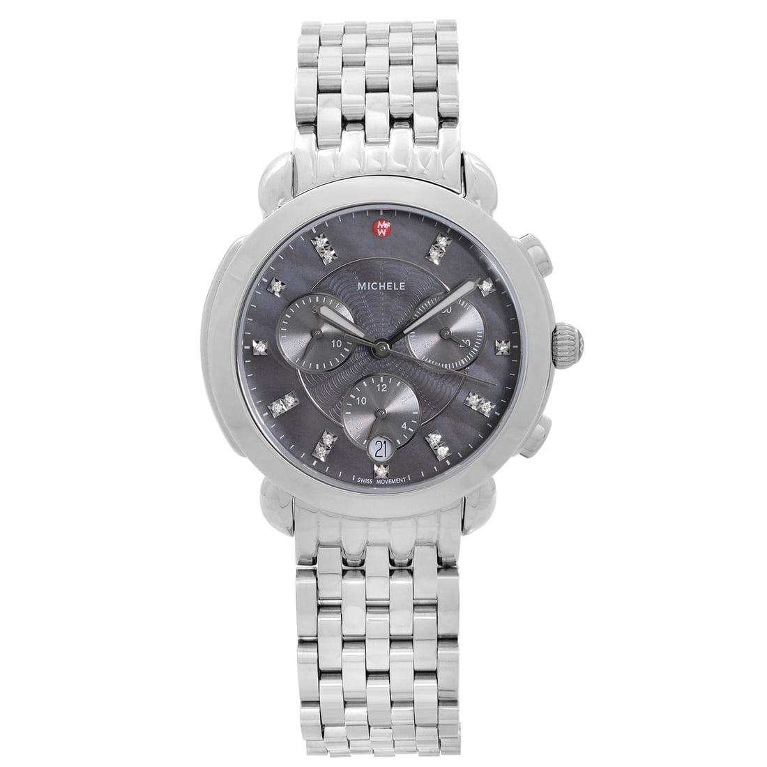 Michele Sidney Ladies Watch Steel Grey Diamond Dial MWW30A000027: Michele Sidney Ladies Watch Steel Grey Diamond Dial MWW30A000027 The Michele Sidney Chronograph Ladies Watch features a stunning steel grey diamond dial, elegantly designed for formal occasions. This
