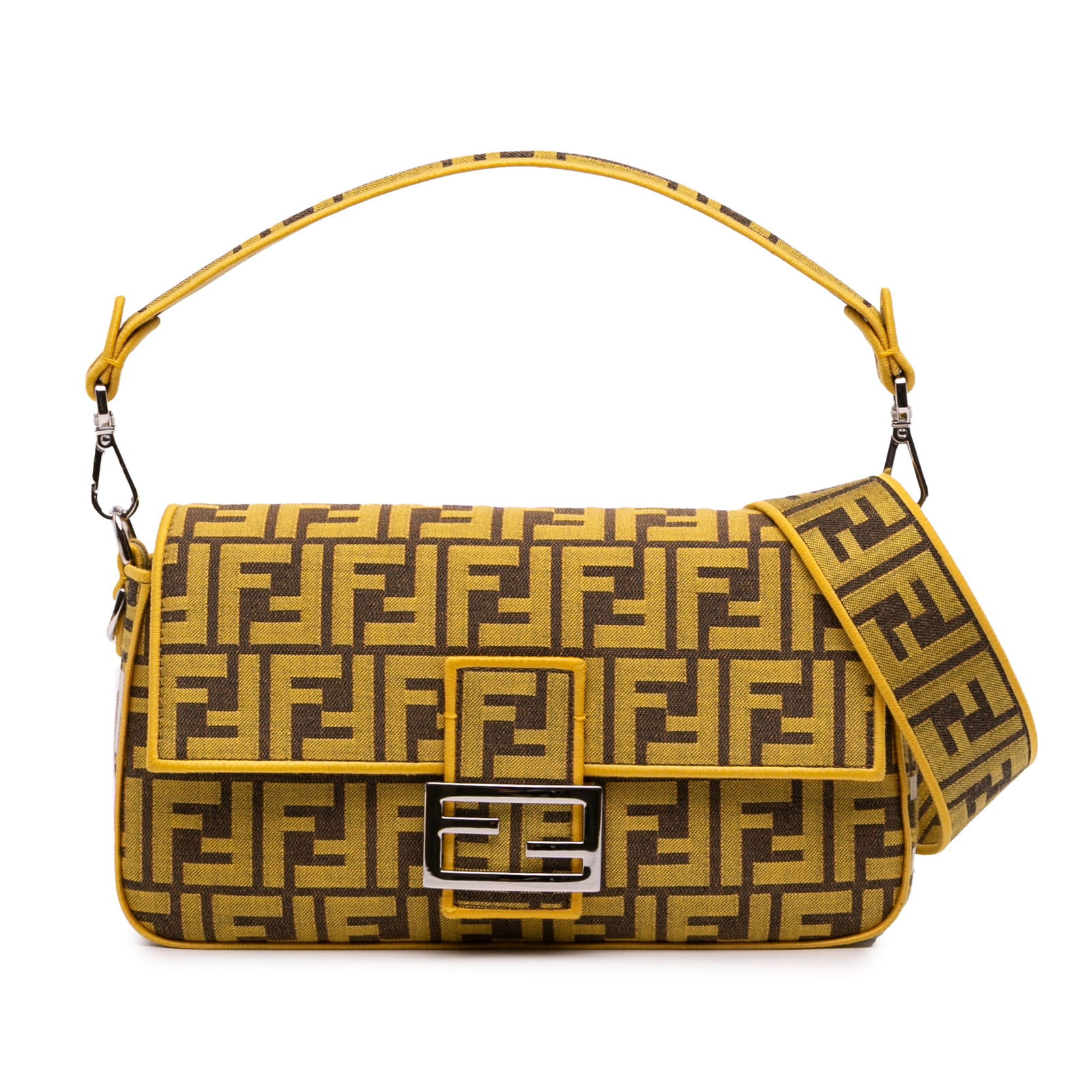 Fendi FRGMT x Zucca Yellow Embroidered Canvas Baguette Satchel: Fendi FRGMT x Zucca Yellow Embroidered Canvas Baguette Satchel This Fendi FRGMT x Zucca Embroidered Canvas Baguette Satchel is a stylish and functional accessory. It features a vibrant yellow embroide