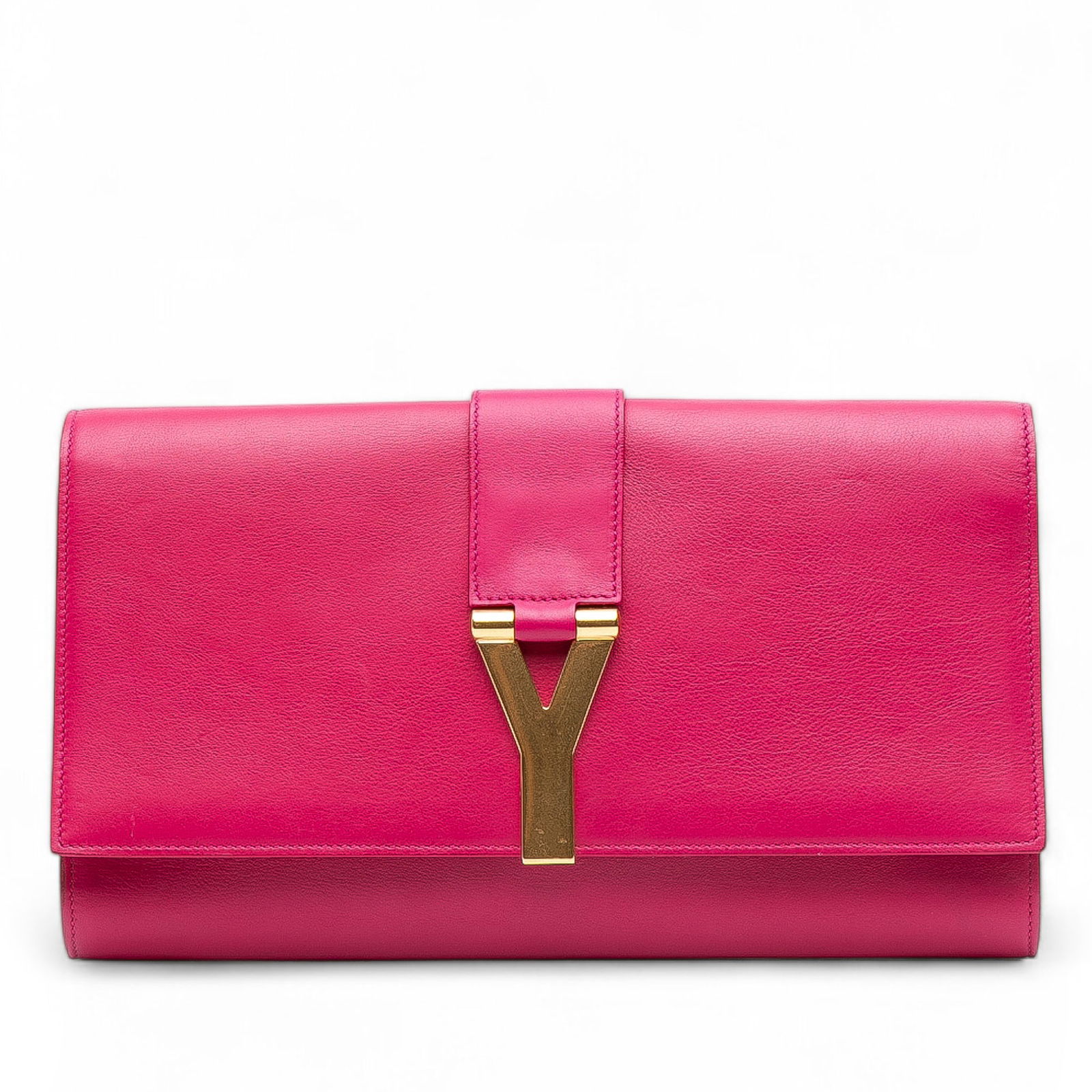Saint Laurent Pink Leather Chyc Ligne Clutch with Gold-tone Y Hardware: Saint Laurent Pink Leather Chyc Ligne Clutch with Gold-tone Y Hardware The Saint Laurent Leather Chyc Ligne Clutch is a stylish accessory crafted from high-quality leather. It features a front flap ad