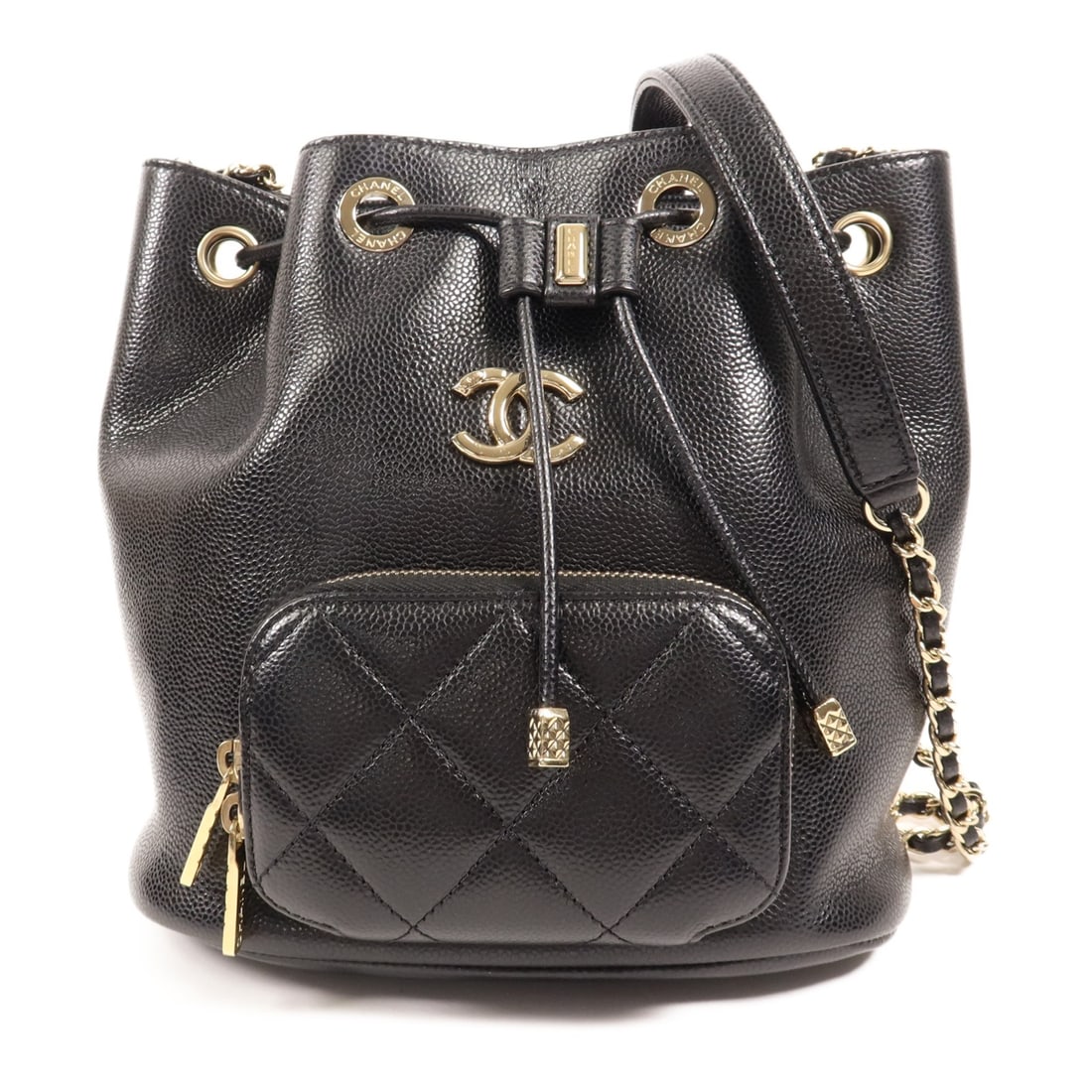 CHANEL CC GHW Bucket Bag AS2353 Black Calfskin Leather: CHANEL CC GHW Bucket Bag AS2353 Black Calfskin Leather Elevate your accessory collection with this elegant CHANEL CC GHW Bucket Bag, crafted from premium black calfskin leather. This shoulder bag feat
