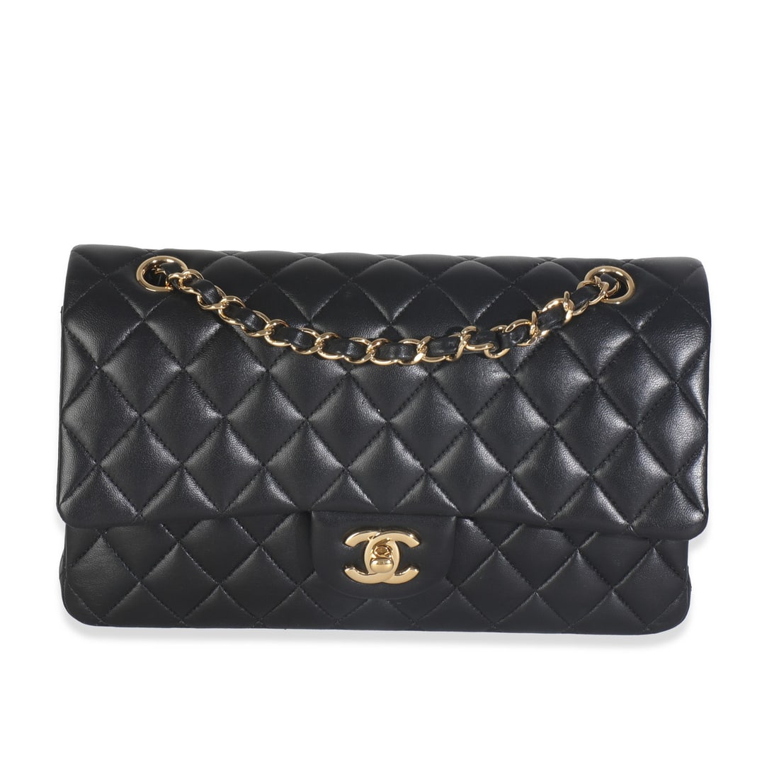 Chanel Medium Classic Double Flap Bag Black Lambskin 2018-2019: Chanel Medium Classic Double Flap Bag Black Lambskin 2018-2019 Elevate your style with the Chanel Black Quilted Lambskin Medium Classic Double Flap Bag, a timeless piece crafted in France. This elegan