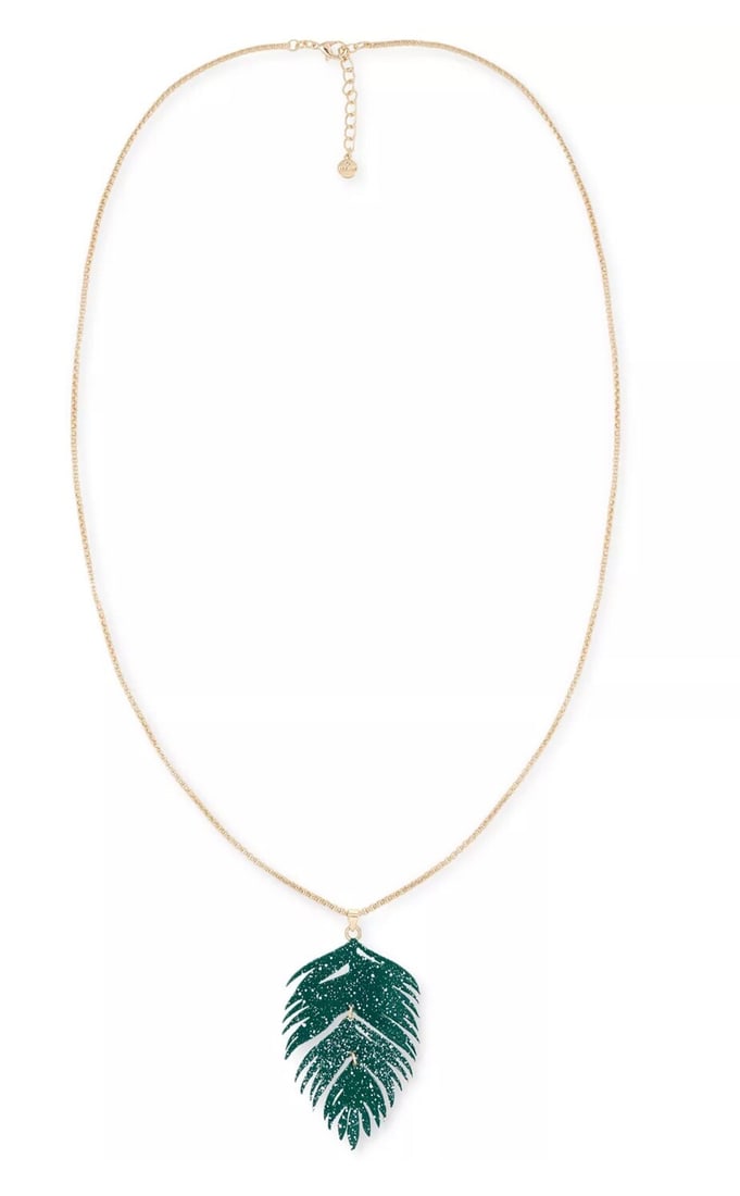 Macy's Gold-Tone Palm Leaf Long Pendant Necklace 36": Macy's Gold-Tone Palm Leaf Long Pendant Necklace 36" Embrace the essence of tropical elegance with this stunning long pendant necklace featuring a palm leaf design. Crafted from gold-tone mixed metal