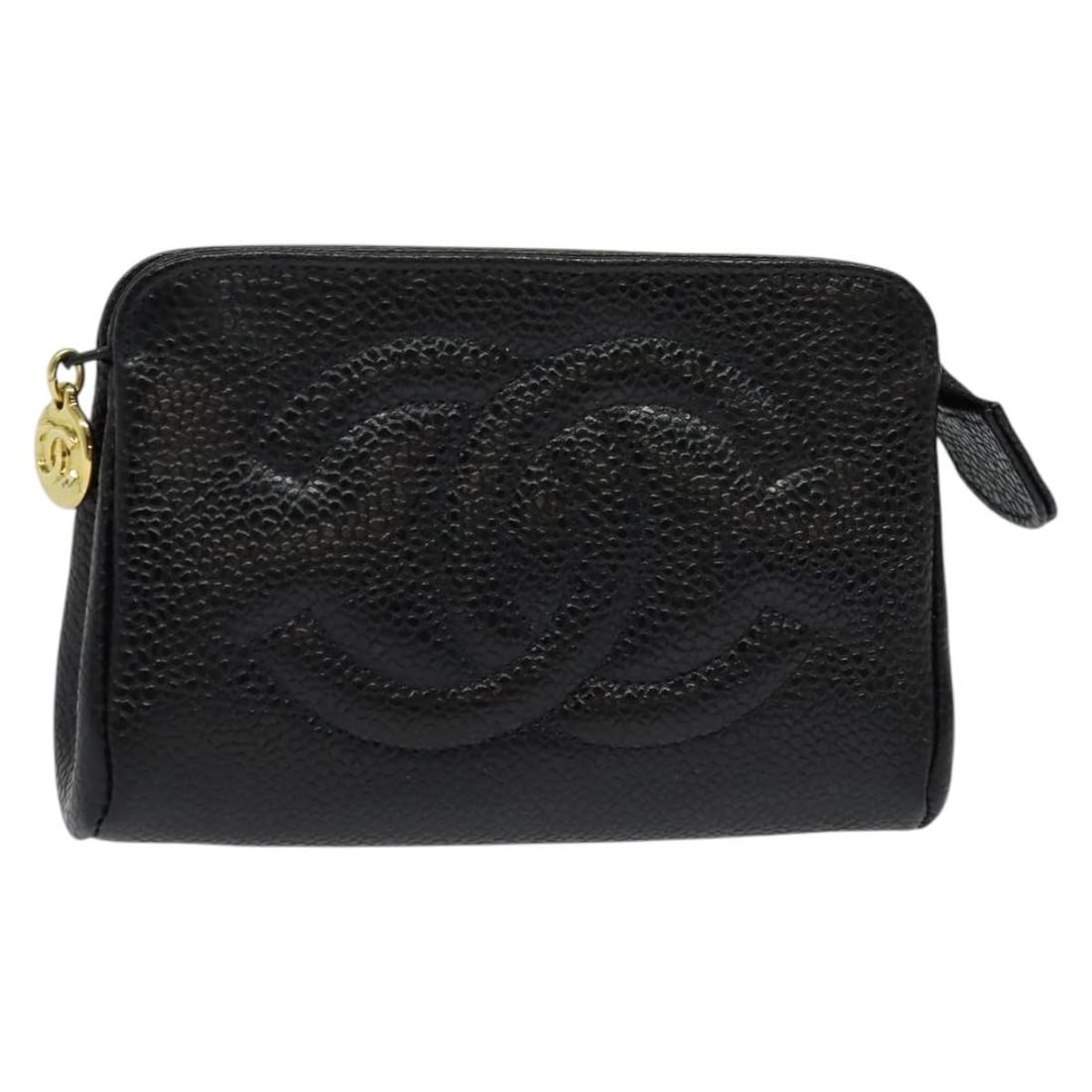 CHANEL Black Gold Caviar Skin Pouch Auth 142376 France: CHANEL Black Gold Caviar Skin Pouch Auth 142376 France This elegant CHANEL pouch is crafted from luxurious grained calfskin, showcasing a sophisticated black and gold color combination. Ideal for carr
