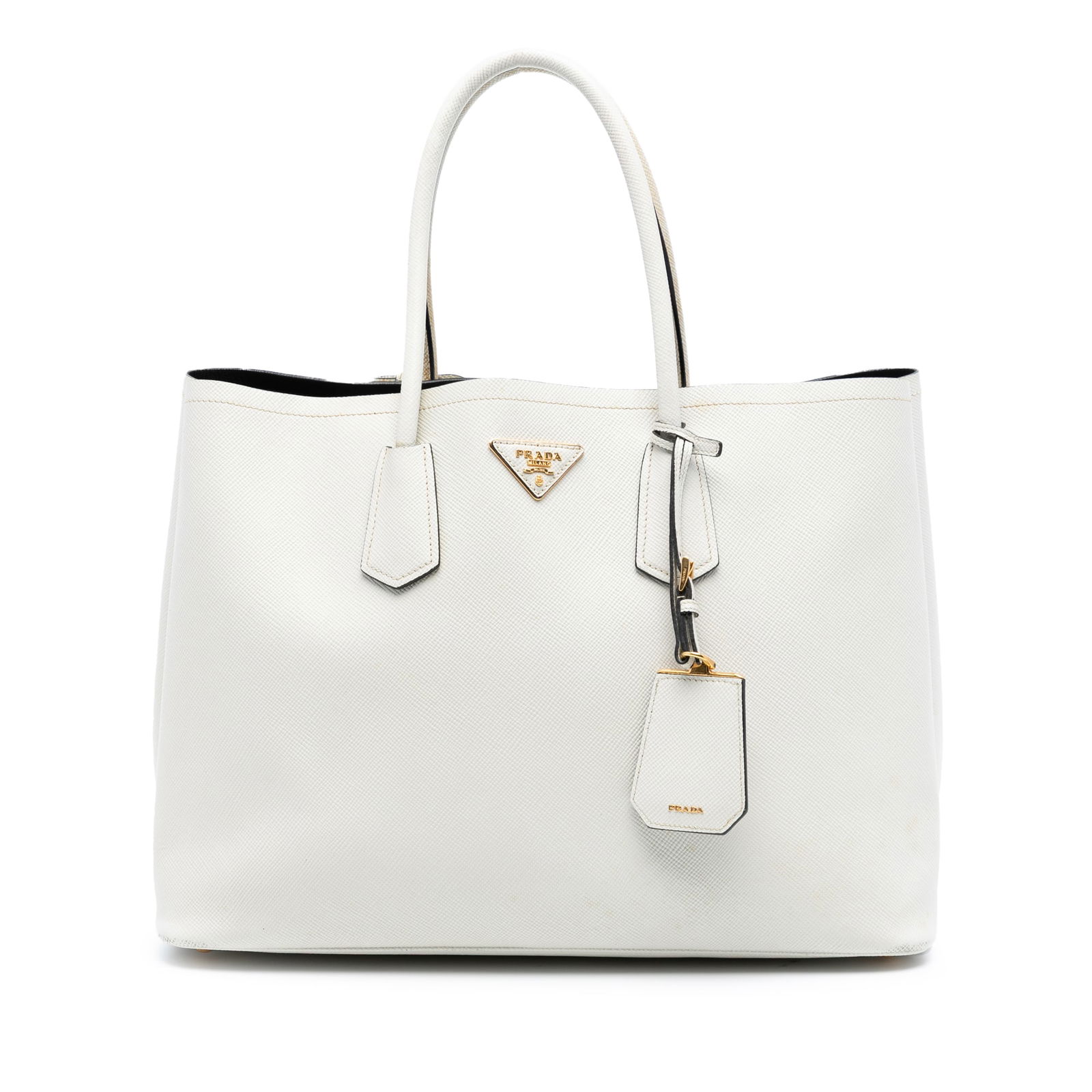 Prada Large Saffiano Cuir Double Satchel White Leather Bag: Prada Large Saffiano Cuir Double Satchel White Leather Bag This Prada Large Saffiano Cuir Double Satchel showcases a luxurious saffiano leather body complemented by rolled leather handles and an open