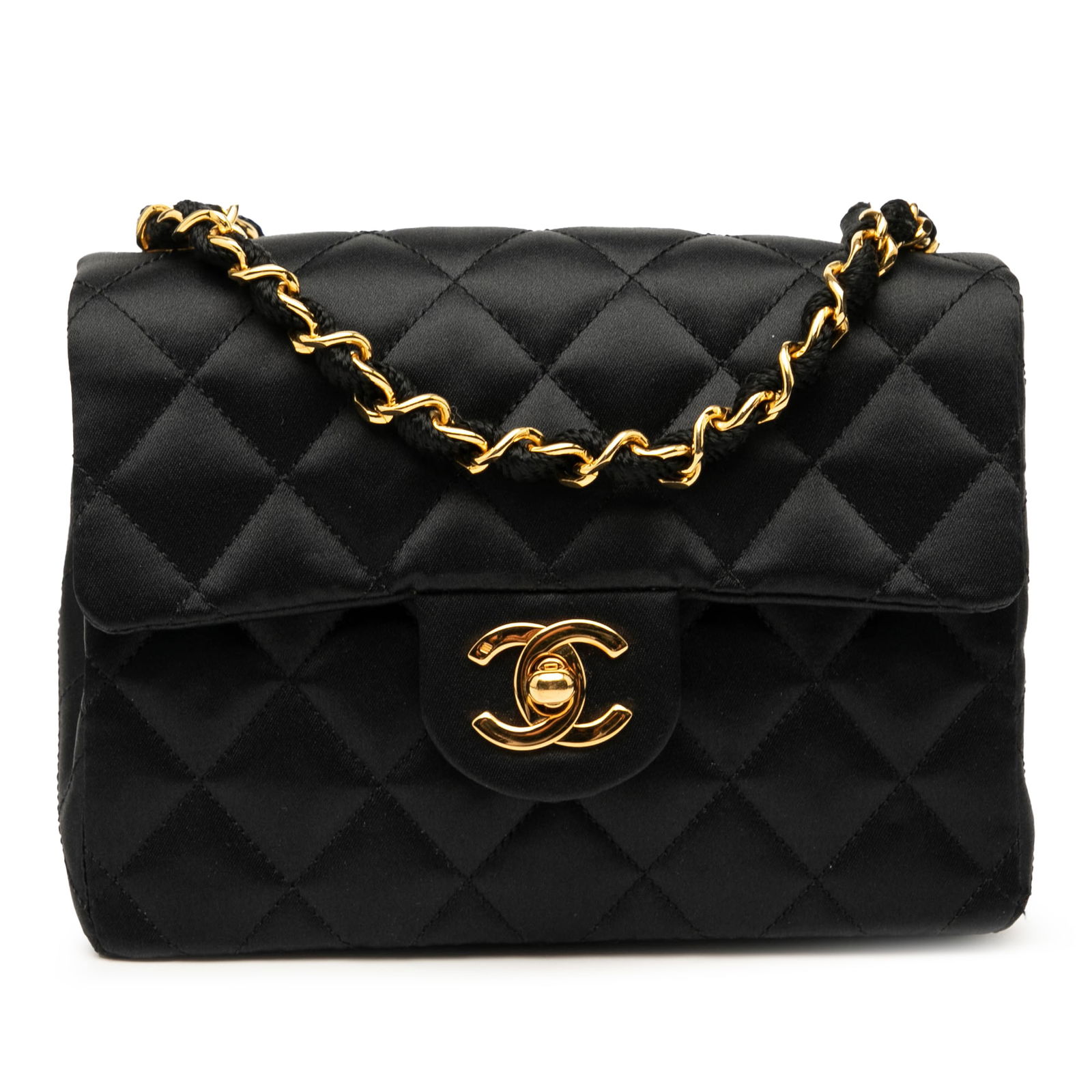 Chanel Mini Square Classic Satin Crossbody Bag Black: Chanel Mini Square Classic Satin Crossbody Bag Black The Chanel Mini Square Classic Satin Single Flap is a stylish crossbody bag that showcases a luxurious satin body and a fabric-woven chain strap. T