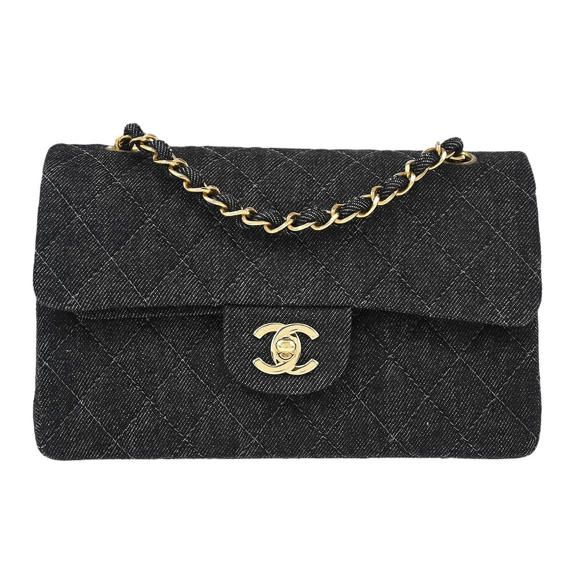 Chanel Classic Double Flap Shoulder Bag Black Lambskin Certified Authentic: Chanel Classic Double Flap Shoulder Bag Black Lambskin Certified Authentic This Chanel Small Classic Double Flap Shoulder Bag in black denim features a sophisticated matelasse pattern and is designed