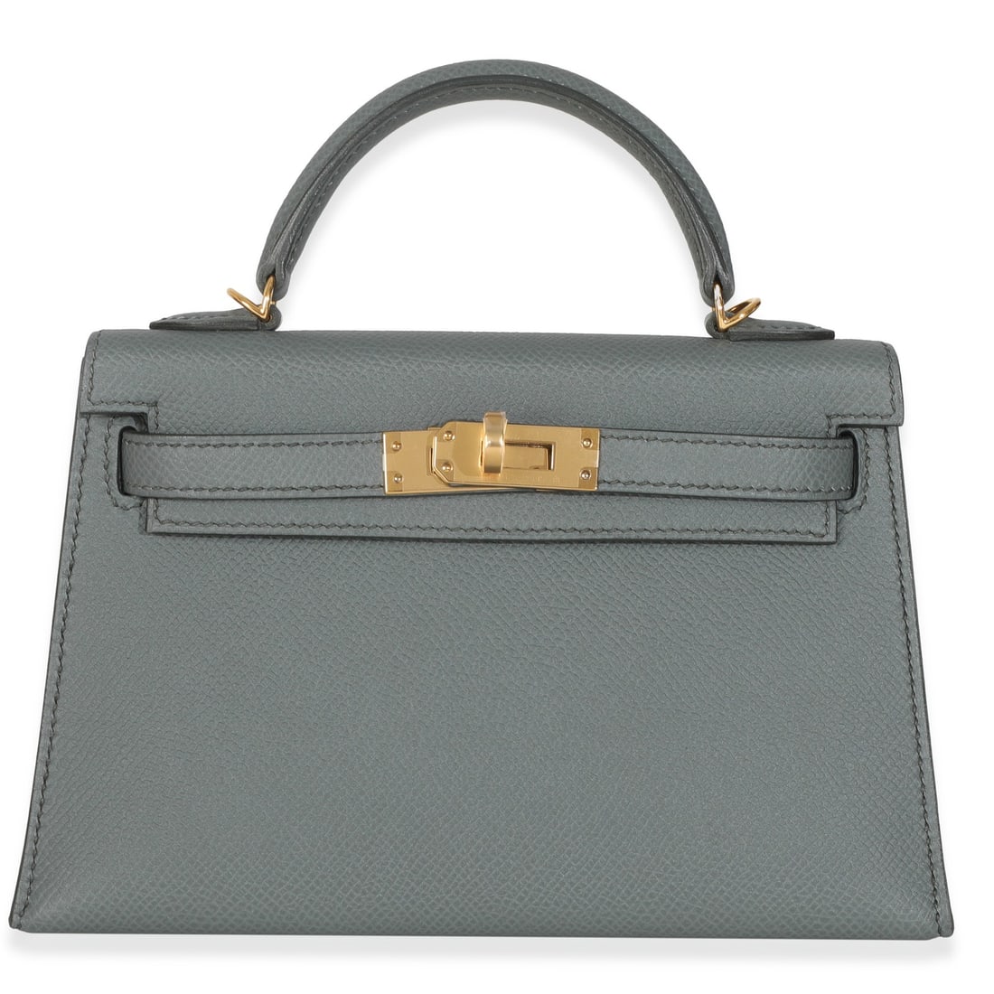 Hermes Mini Kelly 20 II Vert Amande Epsom Shoulder Bag GHW: Hermes Mini Kelly 20 II Vert Amande Epsom Shoulder Bag GHW This exquisite Hermes Mini Kelly 20 II handbag showcases a sophisticated Vert Amande Epsom leather exterior in a chic gray tone. Perfect for