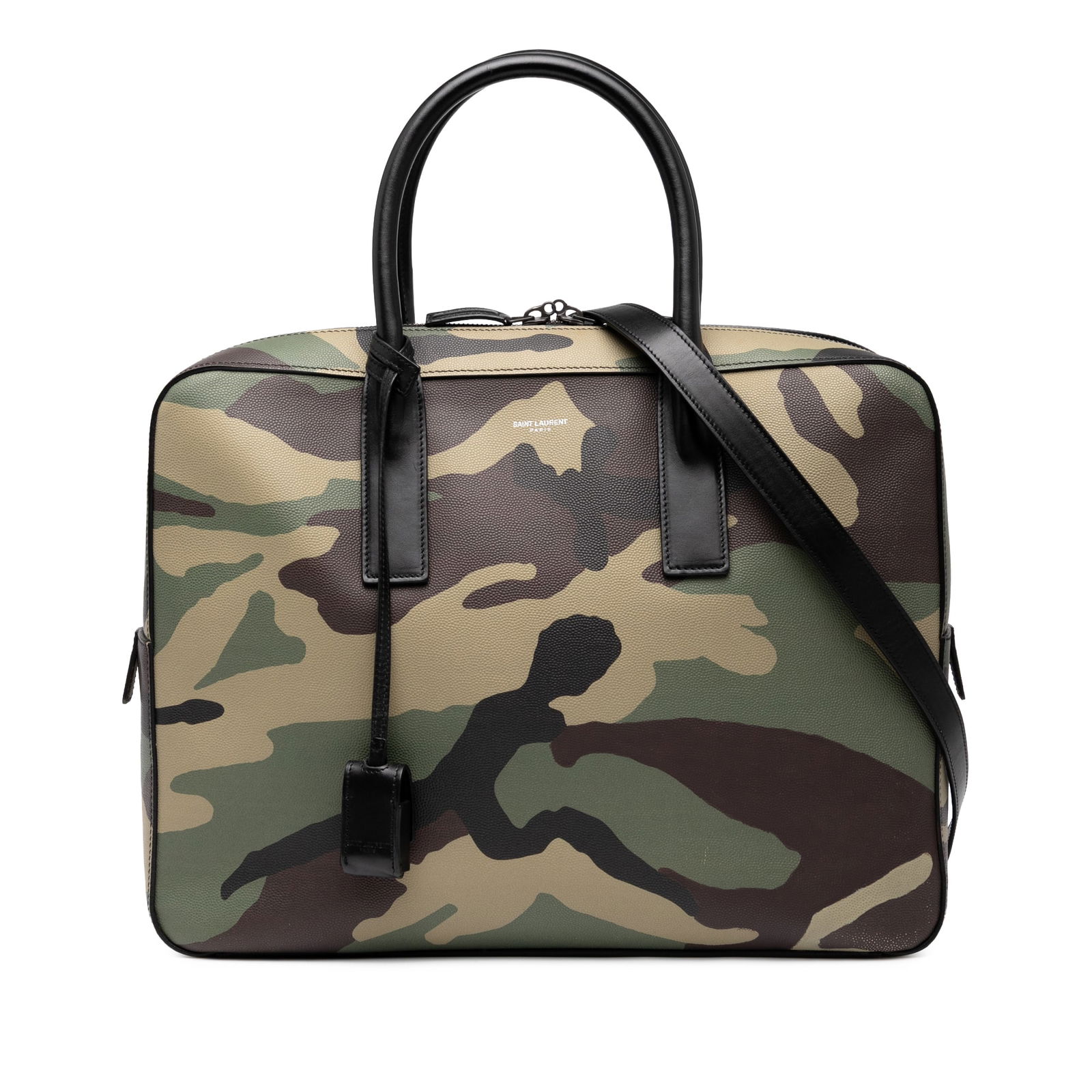 Saint Laurent Small Grain de Poudre Camouflage Briefcase Leather Bag: Saint Laurent Small Grain de Poudre Camouflage Briefcase Leather Bag This Saint Laurent Small Grain de Poudre Camouflage Museum Briefcase showcases a distinctive printed leather body complemented by r
