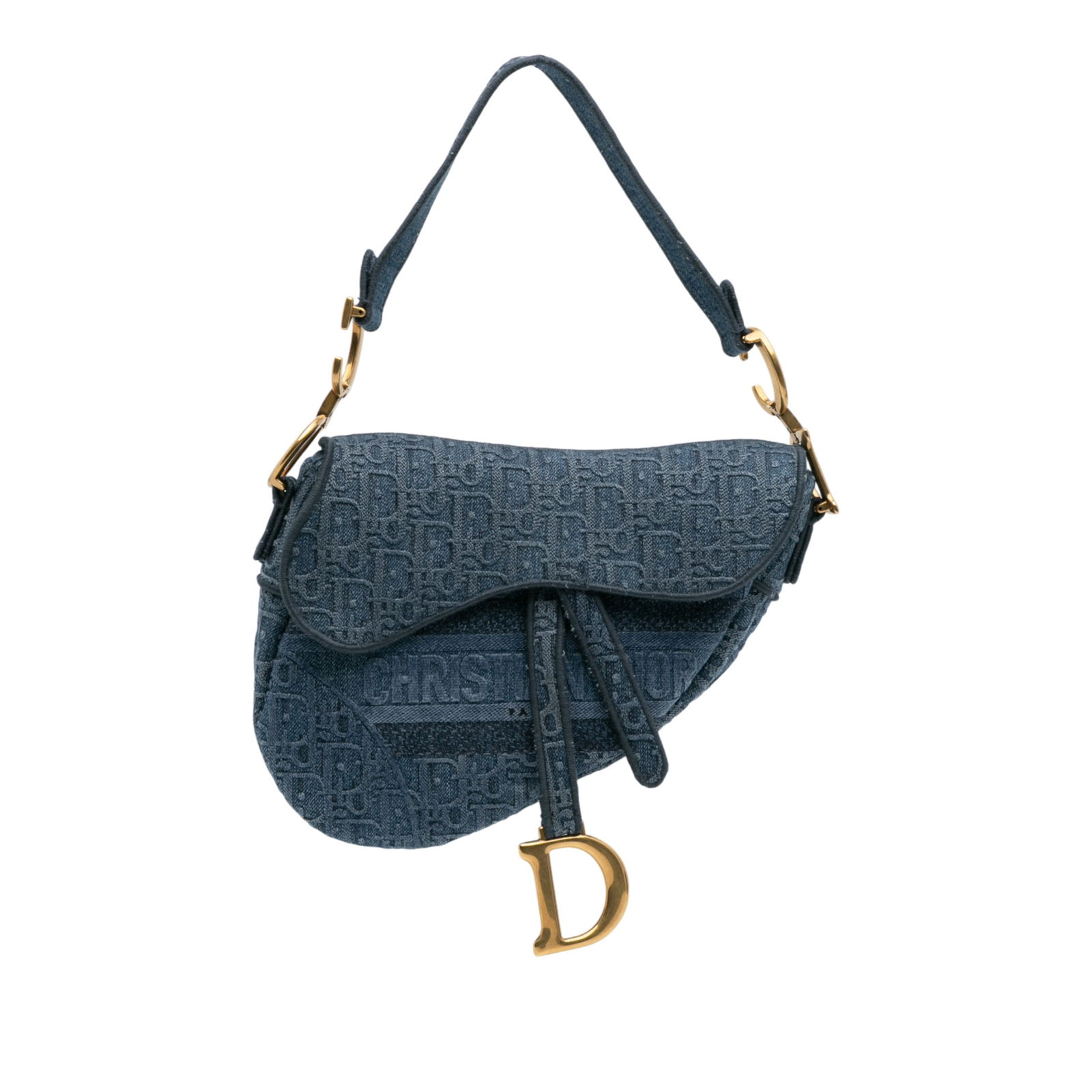 Dior Oblique Denim Saddle Bag with Flap Closure and Dust Bag: Dior Oblique Denim Saddle Bag with Flap Closure and Dust Bag This Dior Oblique Denim Embroidered Saddle Bag is a stylish addition to your accessory collection. It features a durable denim body, comple