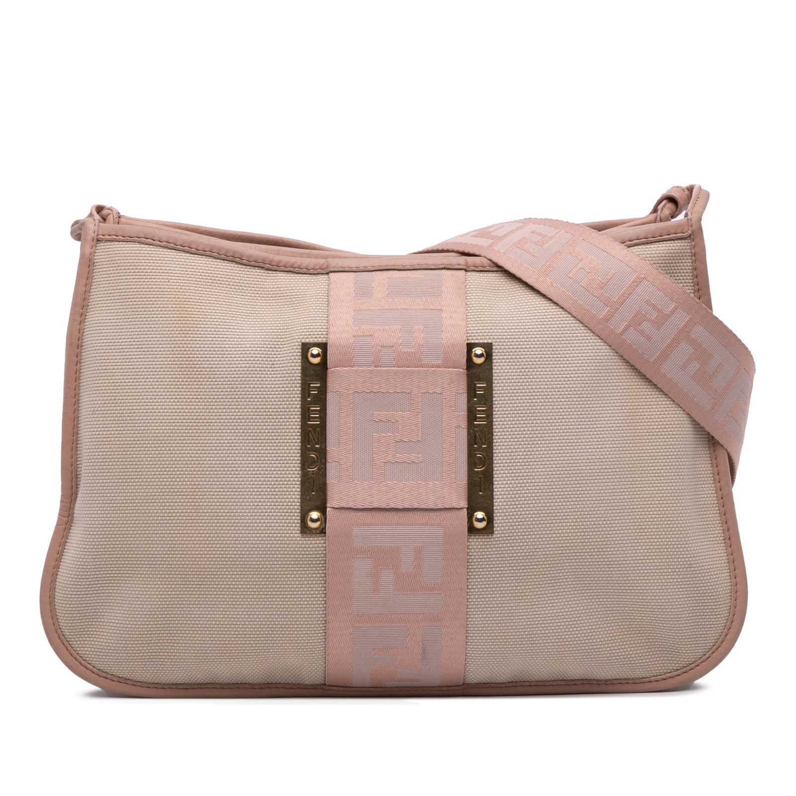 Fendi Canvas Zucca Crossbody Bag with Leather Trim: Fendi Canvas Zucca Crossbody Bag with Leather Trim This Fendi Canvas Zucca Crossbody bag showcases a stylish canvas body complemented by leather trim. It features a convenient flat canvas strap, a zip