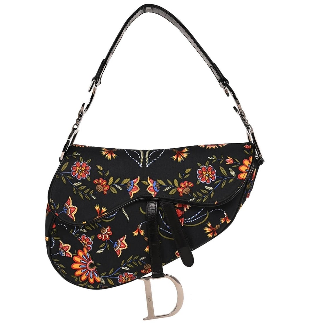 Christian Dior Black Floral Saddle Handbag Medium Canvas Patent Leather: Christian Dior Black Floral Saddle Handbag Medium Canvas Patent Leather Elevate your accessory collection with this Christian Dior Black Floral Saddle Handbag. This stylish medium-sized shoulder bag f