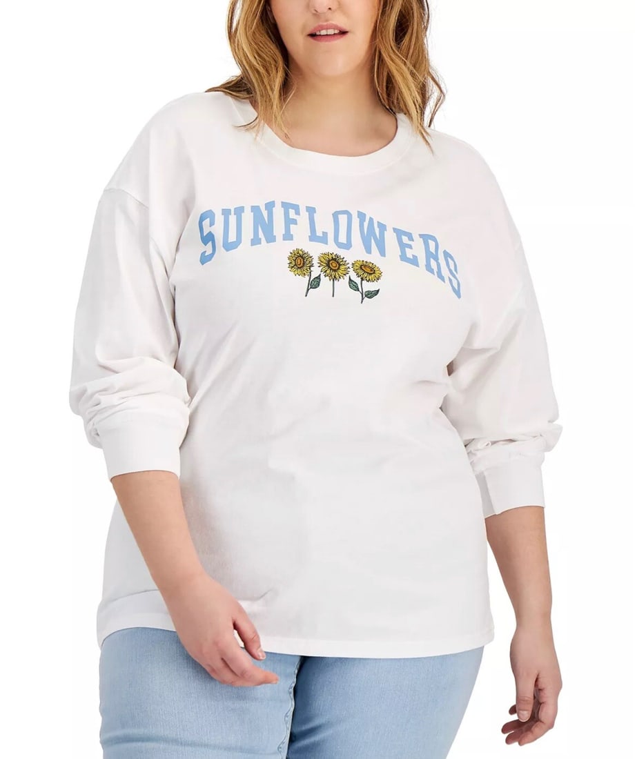 Mad Engine Plus Size Sunflower Long Sleeve T-Shirt White 1X: Mad Engine Plus Size Sunflower Long Sleeve T-Shirt White 1X Embrace your flower power with this trendy Plus Size Sunflowers Long-Sleeve T-Shirt from Mad Engine. This comfortable white t-shirt features