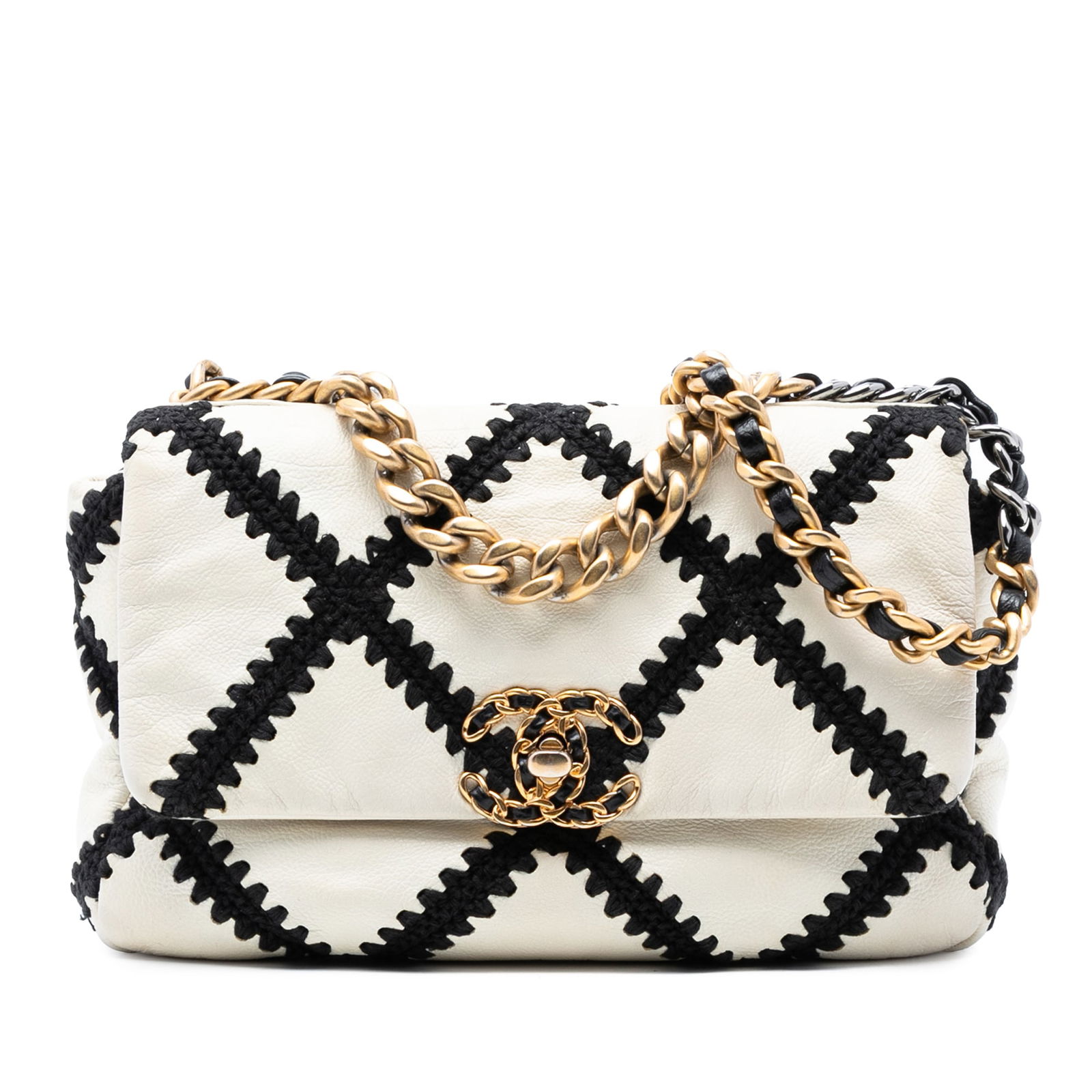 Chanel Medium Crochet Calfskin 19 Flap White Bag: Chanel Medium Crochet Calfskin 19 Flap White Bag The Chanel Medium Crochet Calfskin 19 Flap is a stylish accessory that exudes luxury and craftsmanship. This elegant bag features a quilted calf leathe