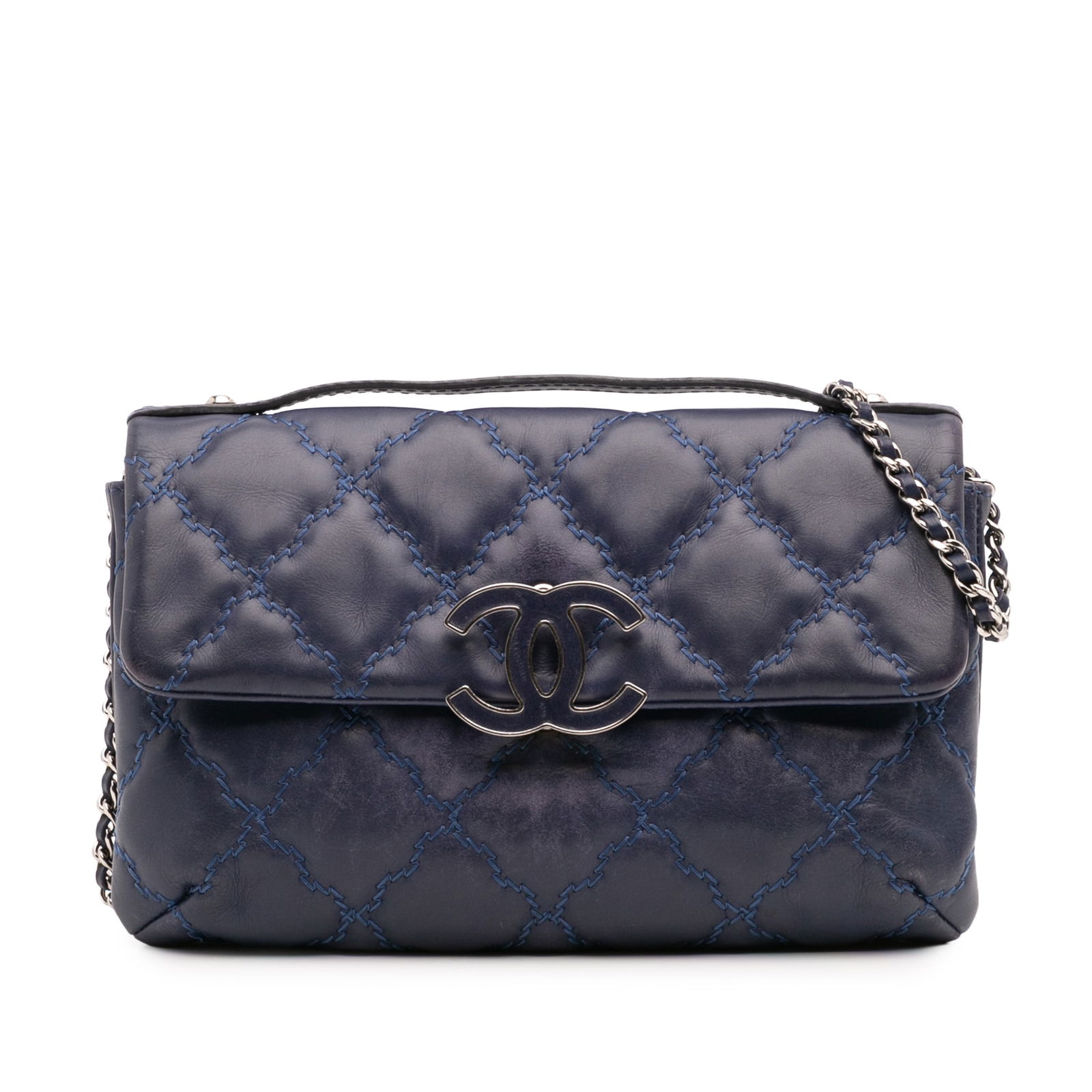 Chanel Mini Double Stitch Hamptons Flap Blue Leather Bag: Chanel Mini Double Stitch Hamptons Flap Blue Leather Bag The Chanel Mini Double Stitch Hamptons Flap is a stylish and compact bag crafted from quilted leather. It features a flat top handle and a wove