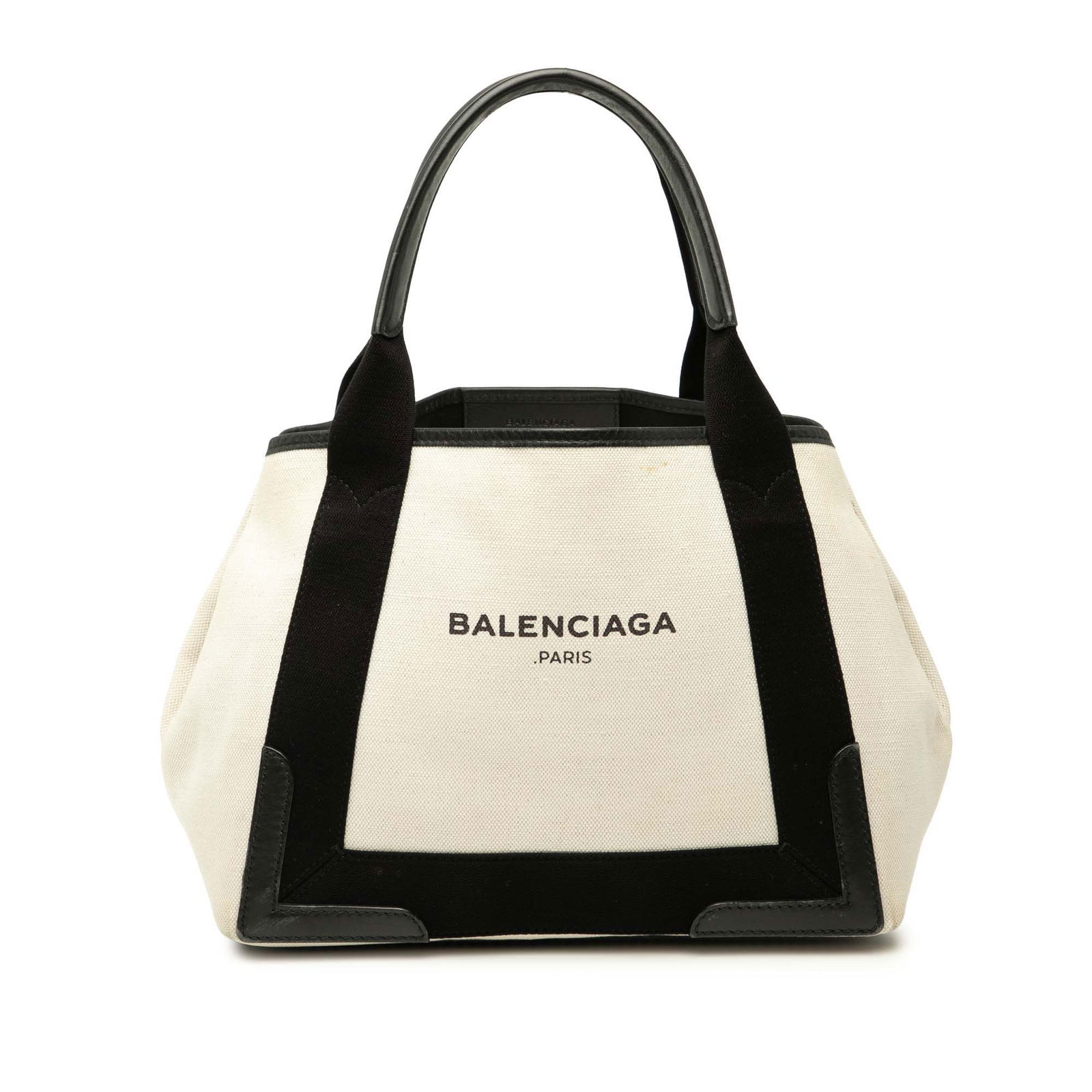 Balenciaga Canvas Navy Cabas Tote S with Leather Trim: Balenciaga Canvas Navy Cabas Tote S with Leather Trim Introducing the Balenciaga Canvas Navy Cabas Tote S, a stylish and functional accessory crafted from durable canvas with exquisite leather trim. T