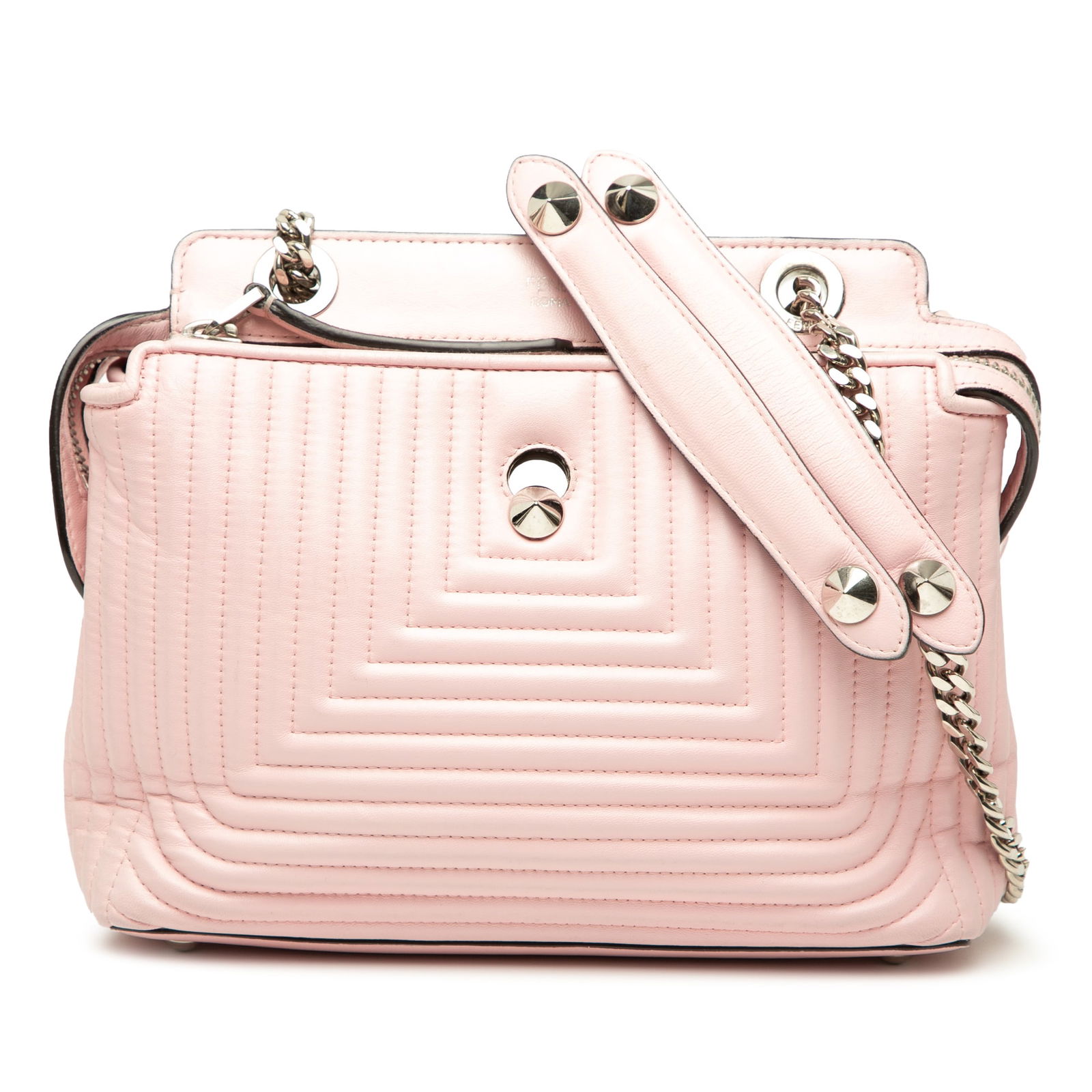 Fendi Small Pink Lambskin DotCom Click Shoulder Bag: Fendi Small Pink Lambskin DotCom Click Shoulder Bag Introducing the Fendi Small Lambskin DotCom Click Shoulder Bag, a chic accessory crafted from luxurious quilted lambskin leather. This stylish bag f