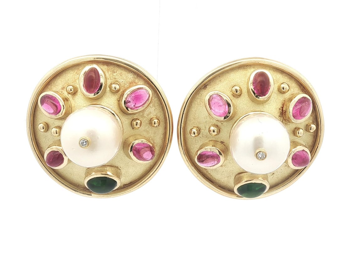 Denise Roberge Yellow Gold Pearl Tourmaline Diamond Button Earrings: Denise Roberge Yellow Gold Pearl Tourmaline Diamond Button Earrings Elevate your accessory collection with these stunning Denise Roberge earrings, beautifully crafted in 18k solid yellow gold. These l