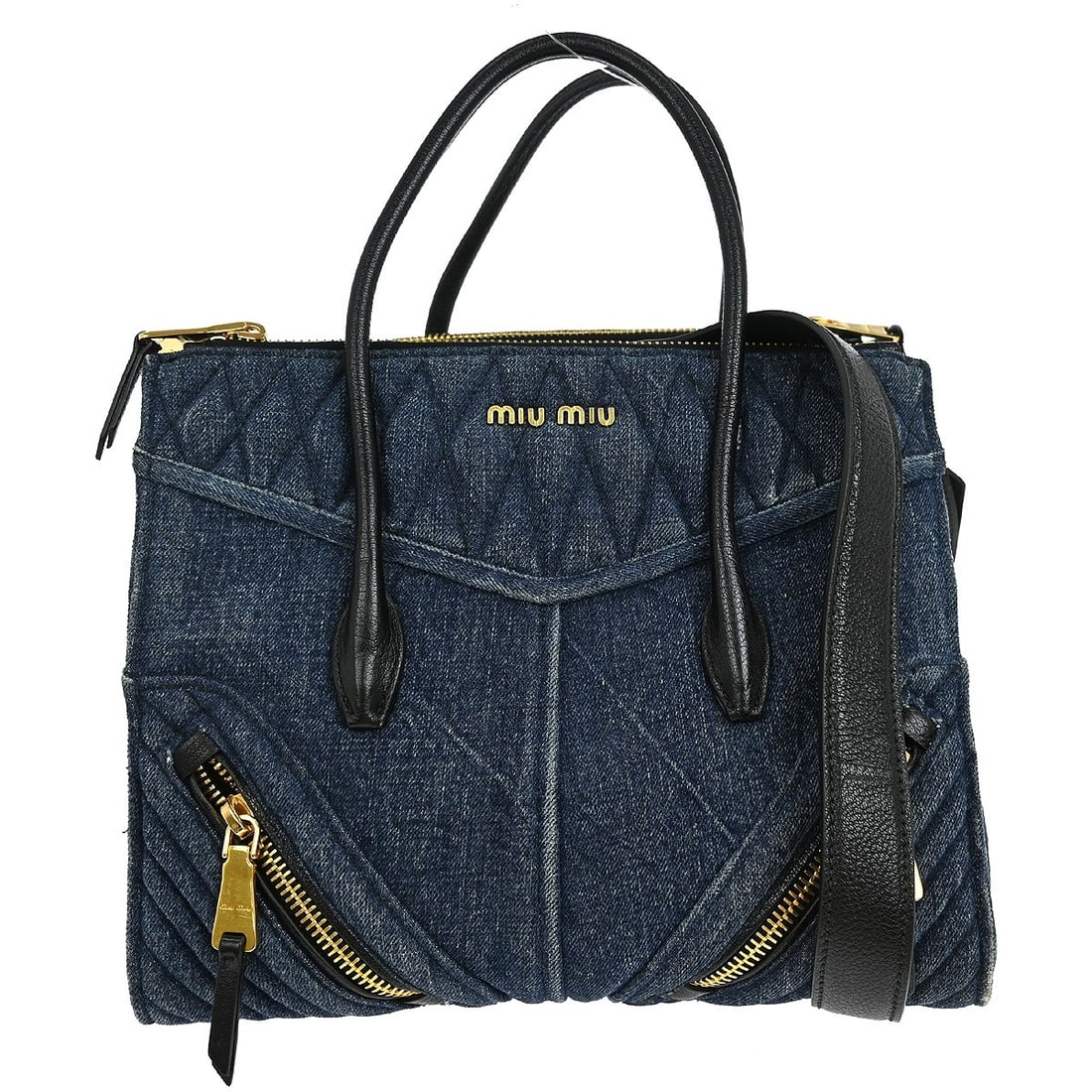Miu Miu Blue Denim Biker 2-Way Handbag 31/Y Vintage: Miu Miu Blue Denim Biker 2-Way Handbag 31/Y Vintage This stylish MIU MIU blue denim biker 2-way handbag combines functionality with a chic design. The bag features a medium size with a width of 12 in,