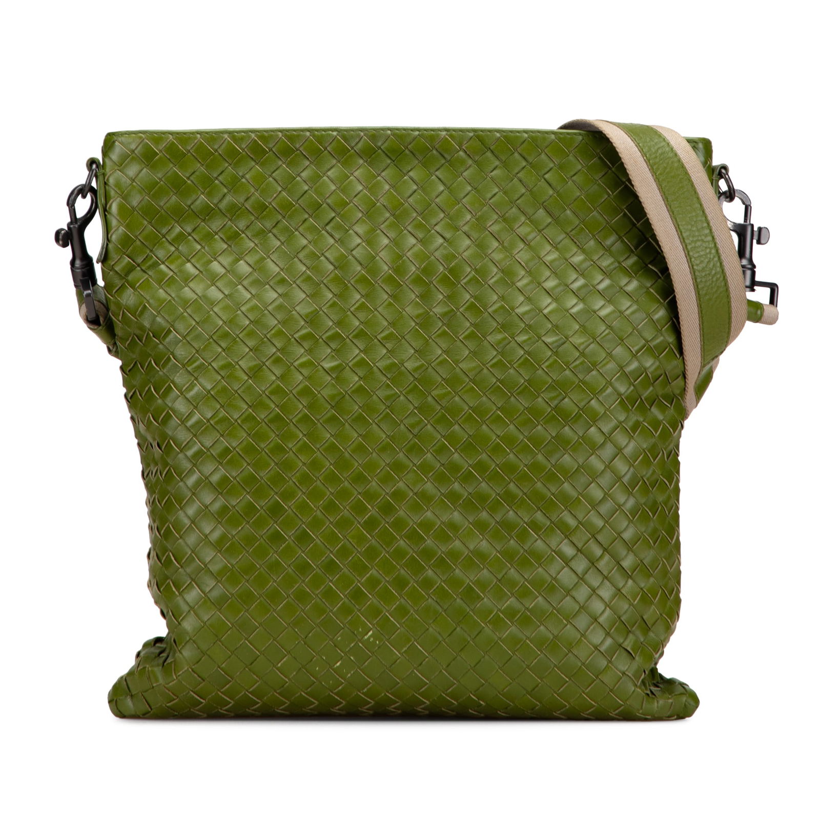 Bottega Veneta Green Nappa Intrecciato Leather Crossbody Bag: Bottega Veneta Green Nappa Intrecciato Leather Crossbody Bag This Bottega Veneta Nappa Intrecciato Crossbody bag showcases exquisite craftsmanship with its woven nappa leather body in a striking green