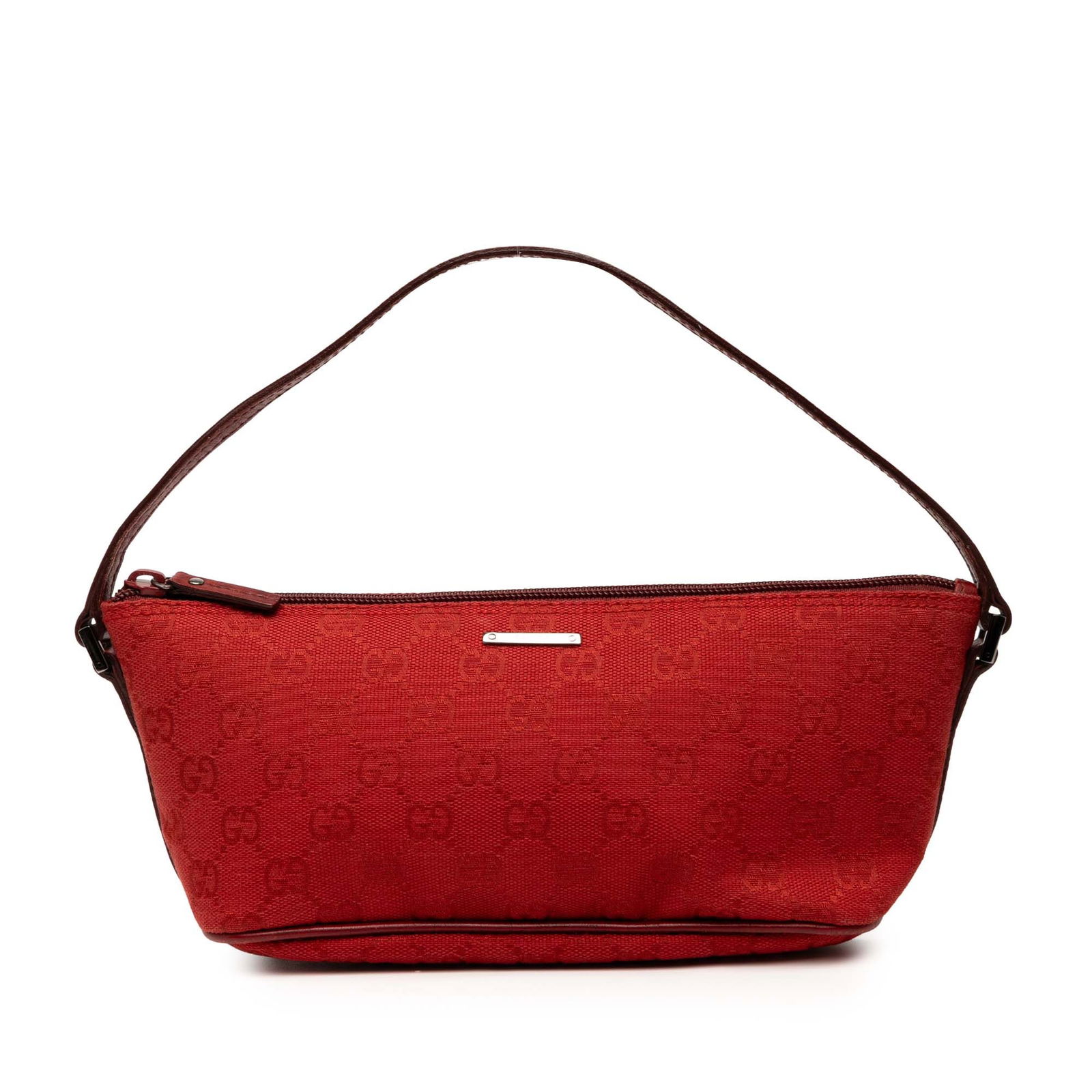 Gucci GG Canvas Boat Red Shoulder Bag with Leather Trim: Gucci GG Canvas Boat Red Shoulder Bag with Leather Trim This stylish Gucci GG Canvas Boat shoulder bag showcases a durable canvas body adorned with luxurious leather trim. It features a comfortable fl