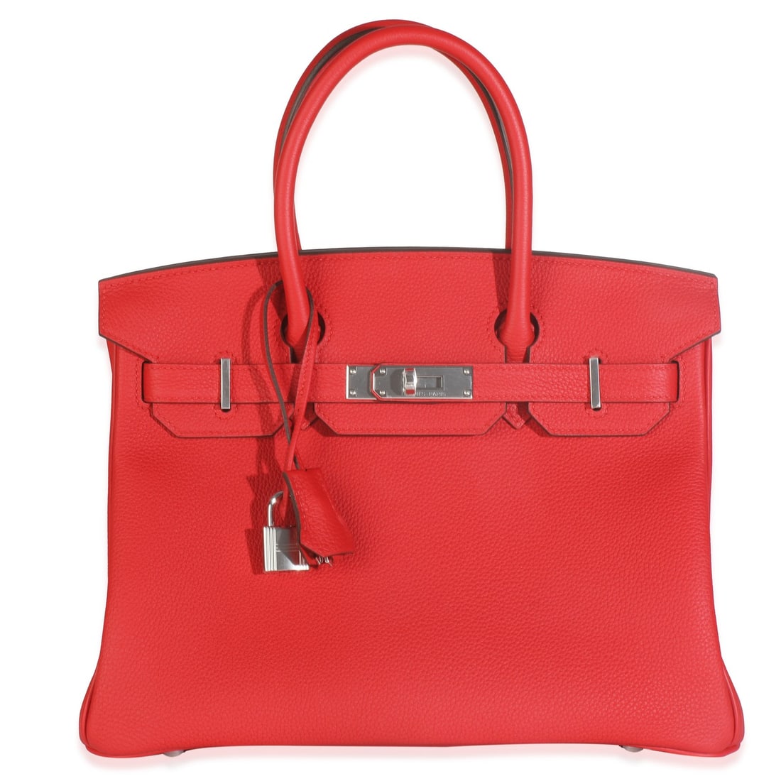 Hermes Birkin 30 Rouge Radieux Togo Leather Handbag with Silver Hardware: Hermes Birkin 30 Rouge Radieux Togo Leather Handbag with Silver Hardware Introducing the exquisite Hermes Rouge Radieux Togo Birkin 30, a stunning top-handle handbag crafted in France. This elegant pi