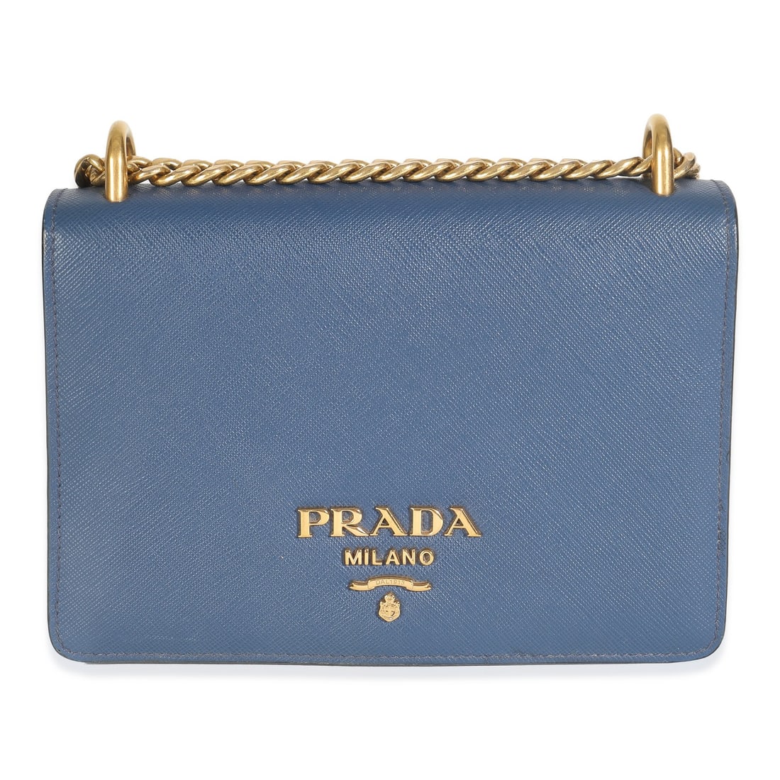 Prada Bluette Saffiano Lux Mini Chain Shoulder Bag Gold-Tone: Prada Bluette Saffiano Lux Mini Chain Shoulder Bag Gold-Tone Introducing the Prada Bluette Saffiano Lux Mini Chain Bag, a stylish shoulder bag crafted in Italy. This exquisite handbag features a strik