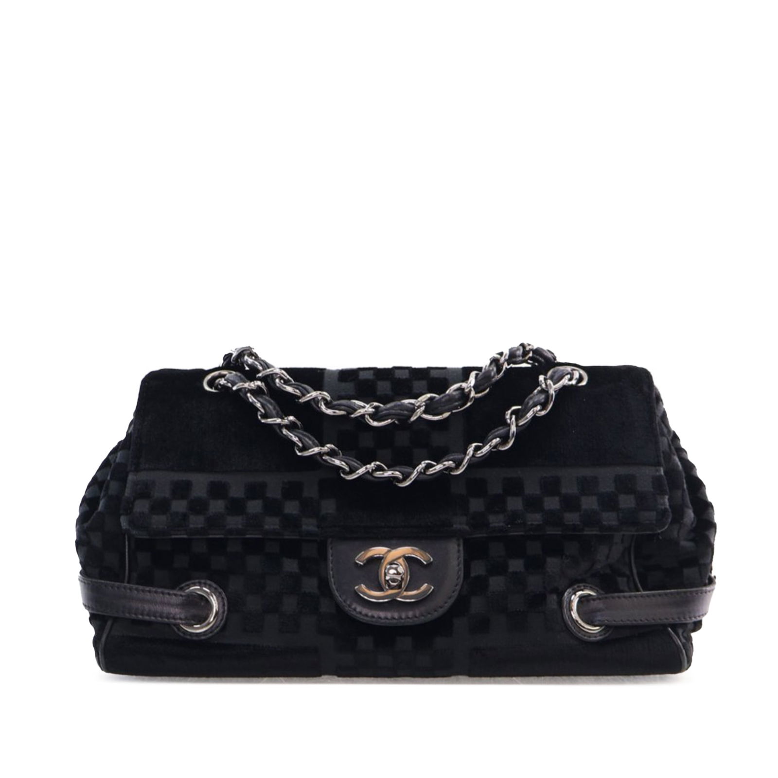Chanel CC Check Embossed Velvet Shoulder Bag Black Italy: Chanel CC Check Embossed Velvet Shoulder Bag Black Italy This exquisite Chanel shoulder bag showcases a luxurious embossed velvet body adorned with the iconic interlocking Cs on the front flap. It fea