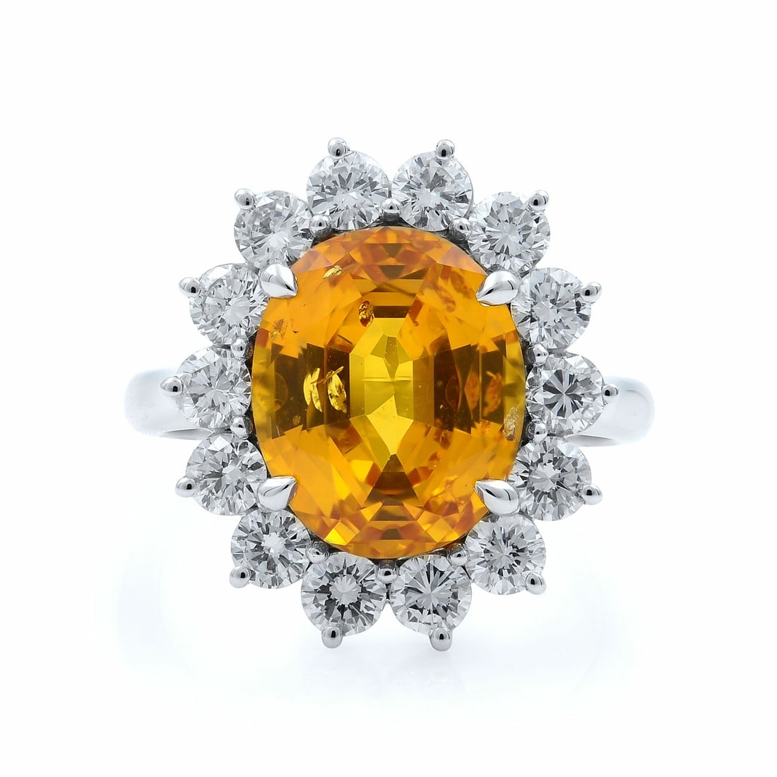 Rachel Koen 18K White Gold Yellow Sapphire Diamond Ring 5.96ct Size 7 AGL Certified: Rachel Koen 18K White Gold Yellow Sapphire Diamond Ring 5.96ct Size 7 AGL Certified This exquisite ring features a stunning oval yellow sapphire, weighing 5.96ct, elegantly surrounded by a halo of rou