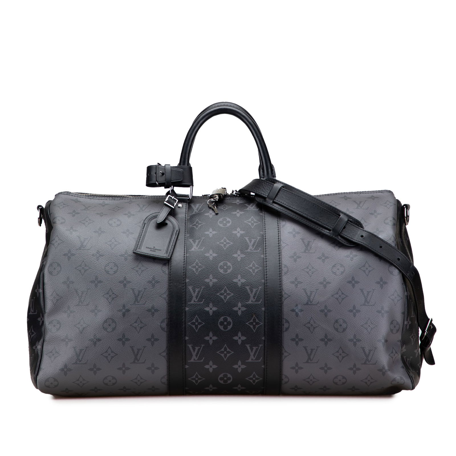 Louis Vuitton Monogram Eclipse Reverse Keepall Bandouliere 50 Gray Fabric Bag: Louis Vuitton Monogram Eclipse Reverse Keepall Bandouliere 50 Gray Fabric Bag The Louis Vuitton Monogram Eclipse Reverse Keepall Bandouliere 50 is a stylish travel bag crafted from durable monogram ca