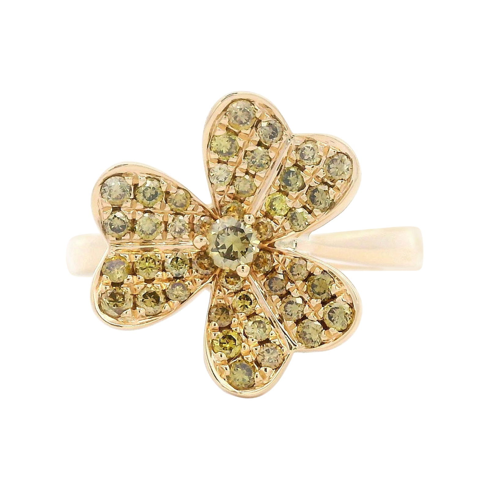0.56ct Yellow Diamond Floral Ring 18k Gold: 0.56ct Yellow Diamond Floral Ring 18k Gold This exquisite floral ring features a stunning 0.56ct natural yellow diamond set in 18k yellow gold. The ring showcases a modern design adorned with 43 round