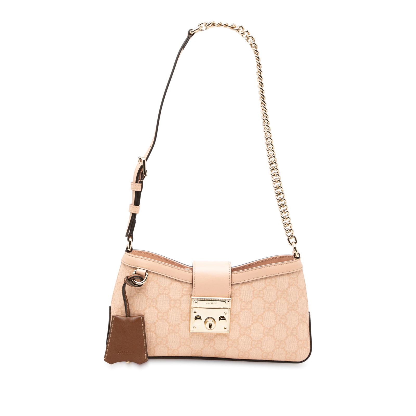 Gucci Small GG Supreme Padlock Shoulder Bag Pink Fabric Italy: Gucci Small GG Supreme Padlock Shoulder Bag Pink Fabric Italy Elevate your accessory collection with the Gucci Small GG Supreme Padlock Shoulder Bag. This stylish tote is crafted from durable coated c