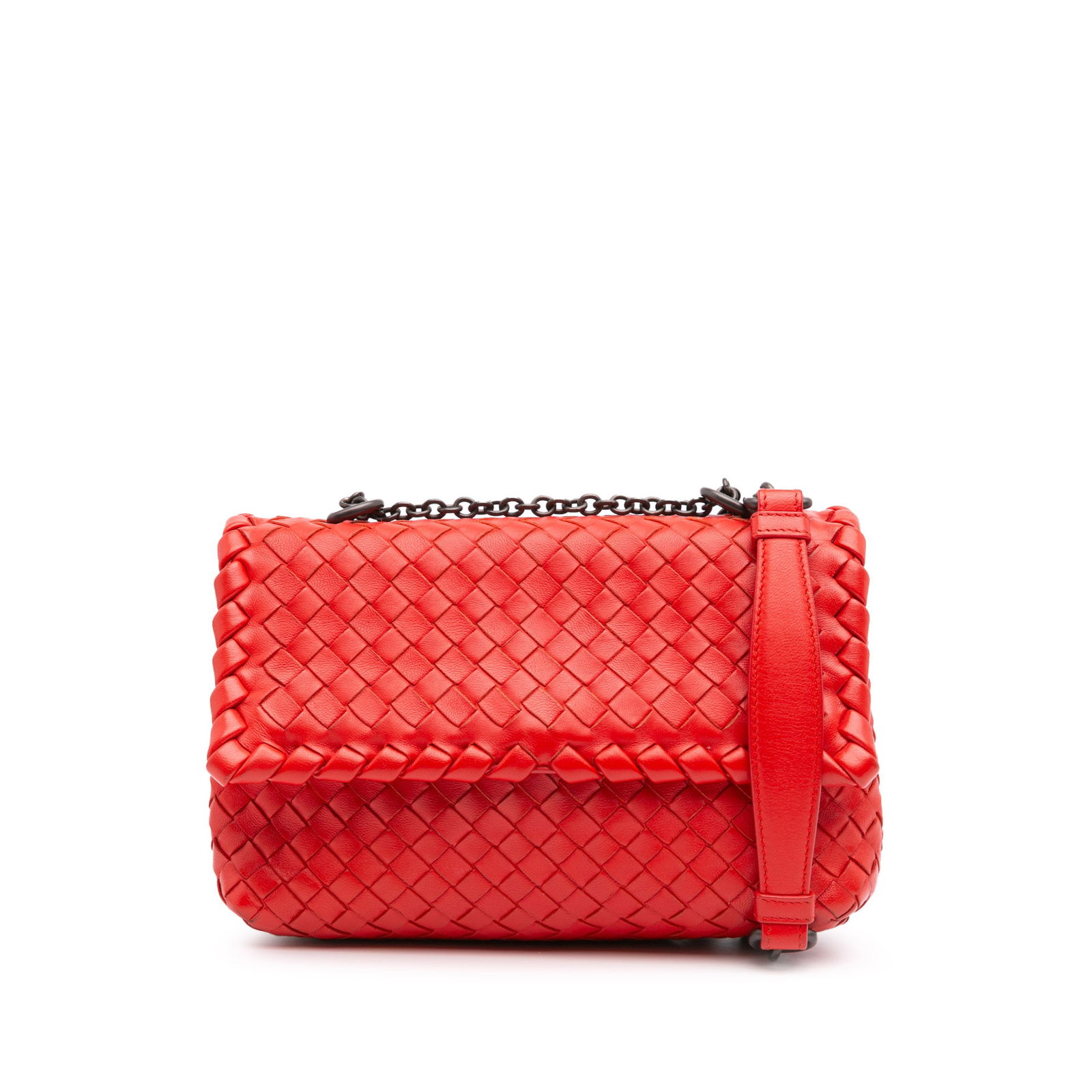 Bottega Veneta Red Baby Nappa Intrecciato Olimpia Crossbody Bag: Bottega Veneta Red Baby Nappa Intrecciato Olimpia Crossbody Bag Introducing the Bottega Veneta Baby Nappa Intrecciato Olimpia Crossbody bag, a stylish accessory that combines functionality with luxury