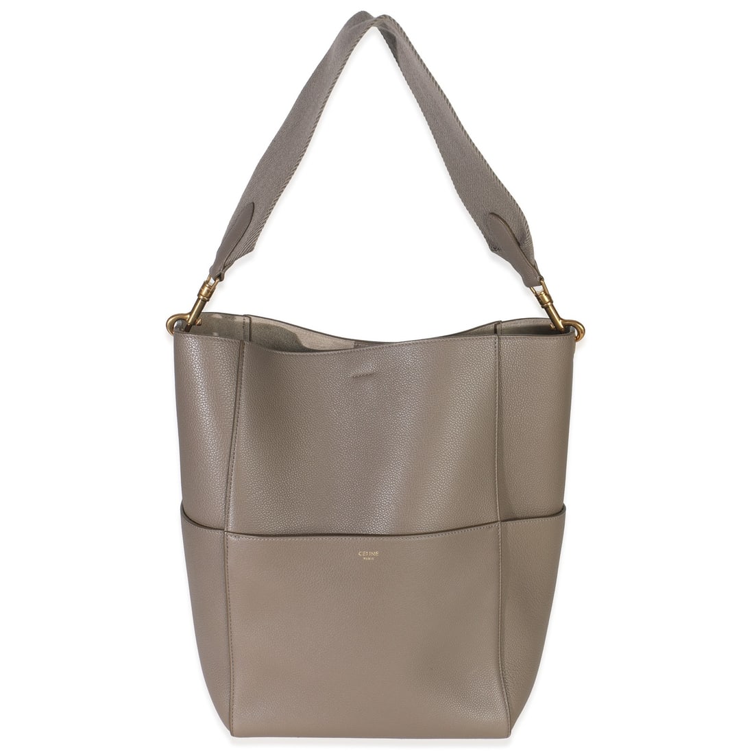 Celine Sangle Bucket Bag Taupe Leather Champagne Gold Hardware: Celine Sangle Bucket Bag Taupe Leather Champagne Gold Hardware Elevate your accessory collection with the Celine Taupe Soft Grained Calfskin Medium Sangle Bucket Bag. This stylish top handle bag, craf