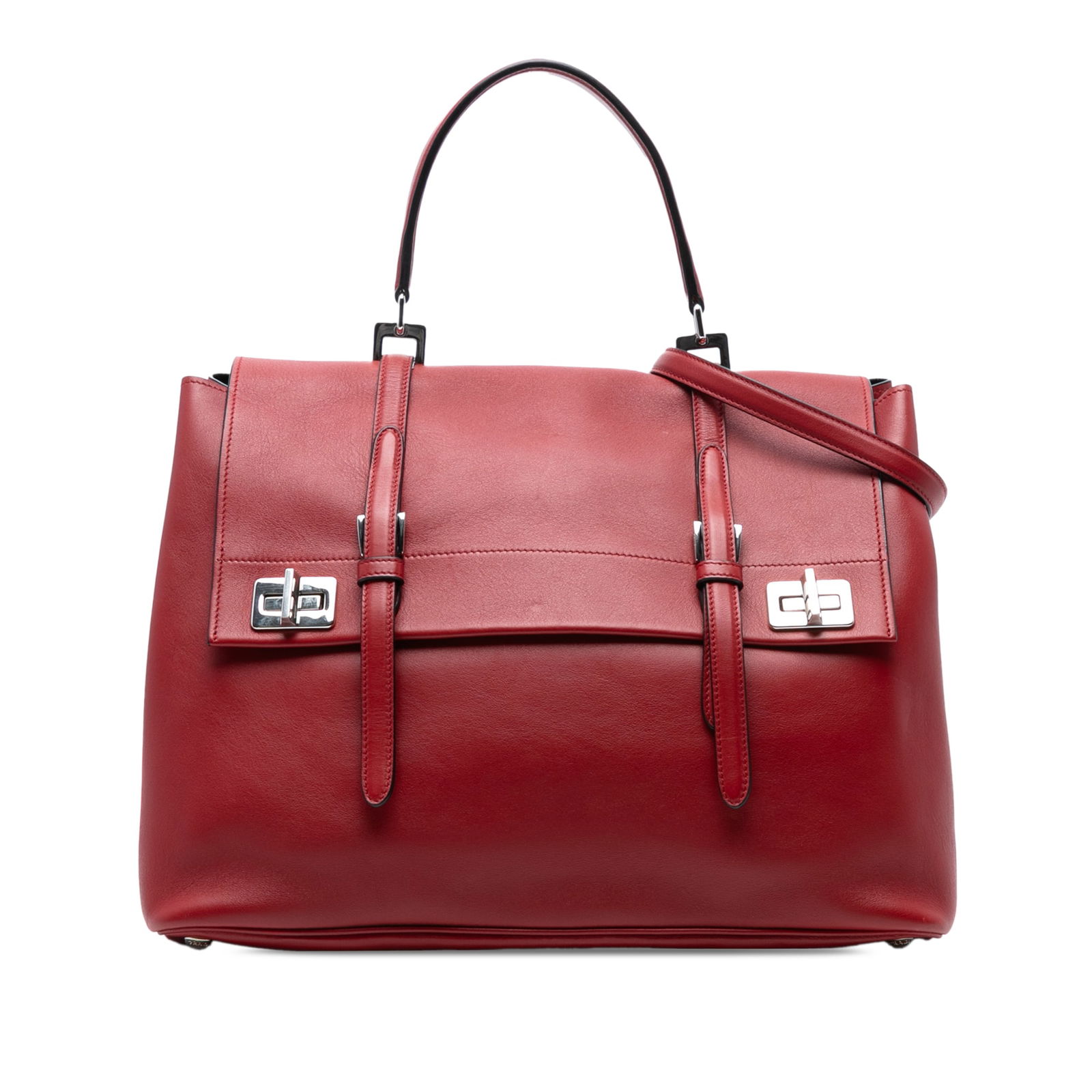Prada Soft Calf Leather Double Turnlock Satchel in Red: Prada Soft Calf Leather Double Turnlock Satchel in Red Introducing the Prada Soft Calf Double Turnlock Satchel, a luxurious and stylish bag crafted from high-quality leather. This stunning satchel fea