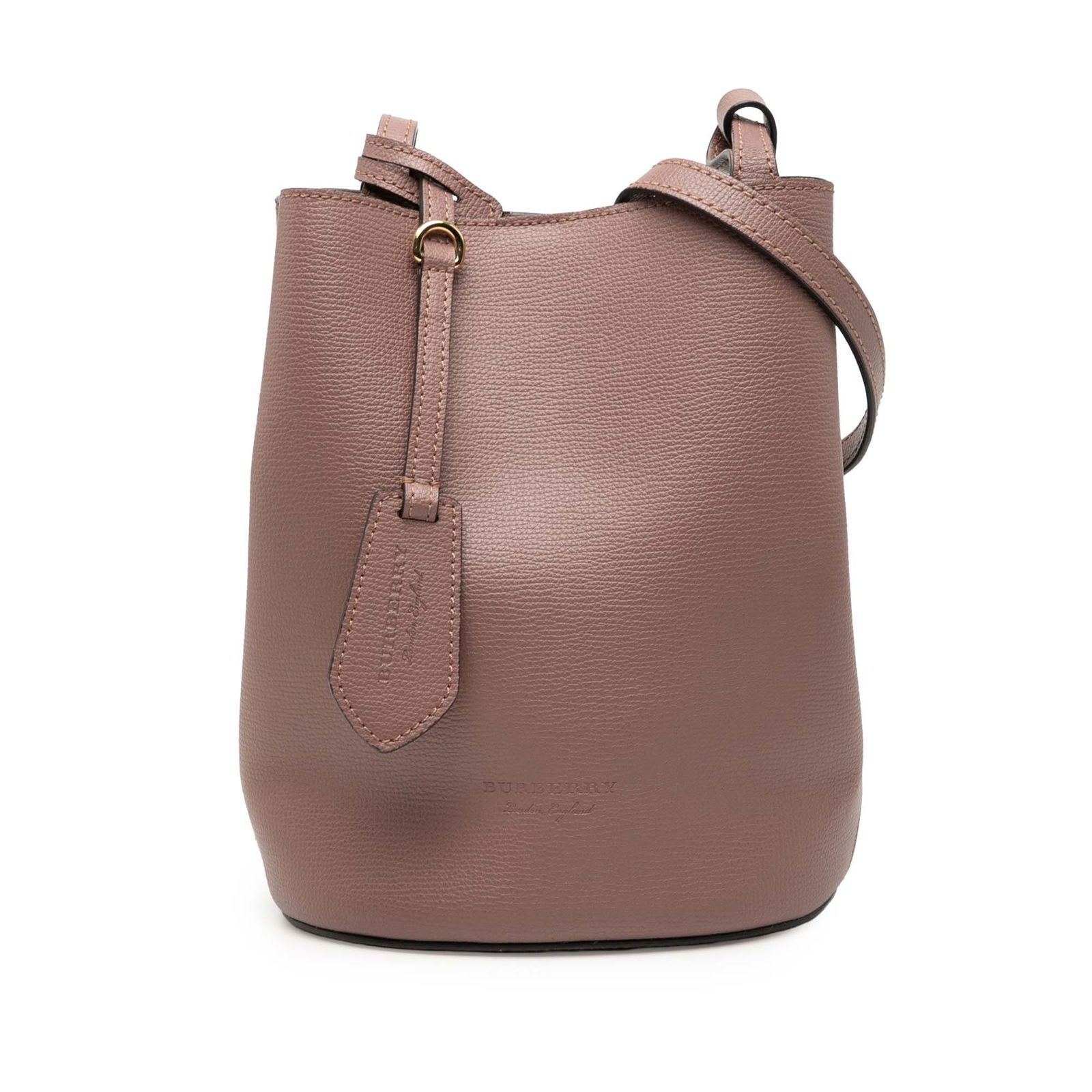 Burberry Pink Leather Lorne Bucket Bag with Adjustable Strap: Burberry Pink Leather Lorne Bucket Bag with Adjustable Strap This stylish Burberry Leather Lorne Bucket Bag is crafted from high-quality leather in a charming pink hue. It features an adjustable flat
