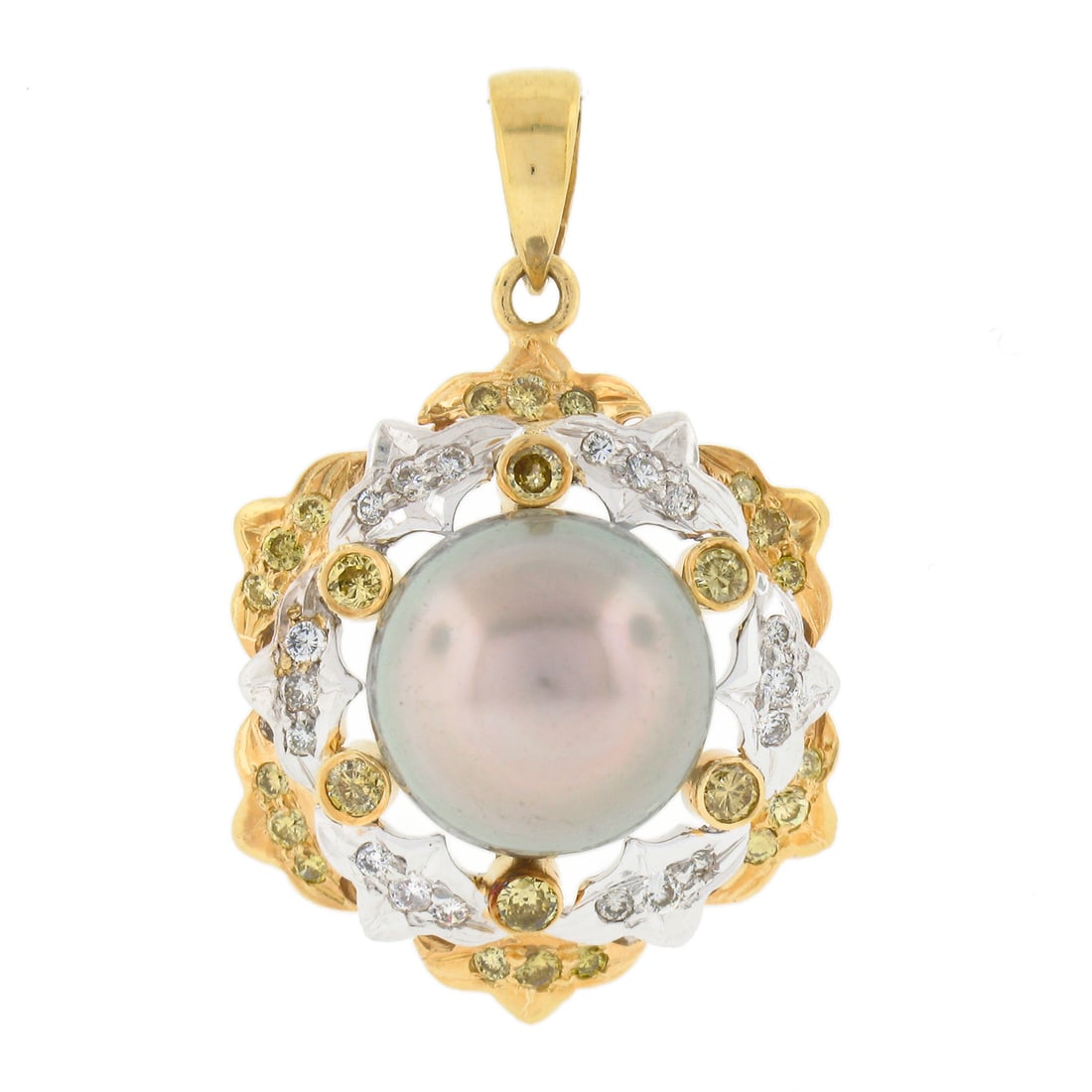 Elegant 18k Gold 11mm Gray Tahitian Pearl Diamond Pendant: Elegant 18k Gold 11mm Gray Tahitian Pearl Diamond Pendant This exquisite pendant showcases an 11mm gray Tahitian pearl, beautifully complemented by a stunning arrangement of white and treated yellow d