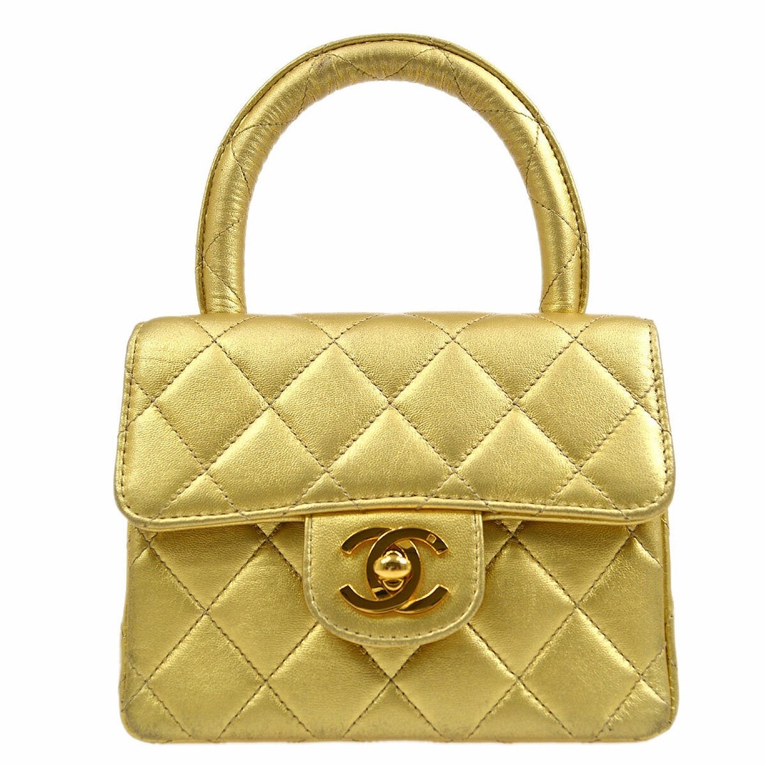 Chanel Mini Square Handbag Gold Lambskin Quilted Top Handle: Chanel Mini Square Handbag Gold Lambskin Quilted Top Handle Introducing the Chanel Gold Lambskin Mini Square Handbag, a stunning accessory that combines luxury with functionality. This mini-sized hand