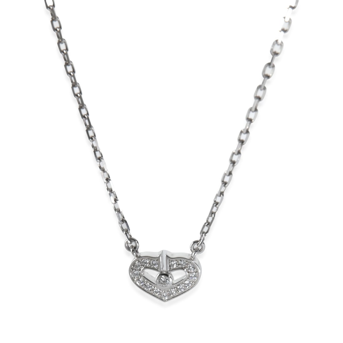 Cartier 18k White Gold Diamond Heart Necklace C de Cartier: Cartier 18k White Gold Diamond Heart Necklace C de Cartier This exquisite Cartier C de Cartier Heart Necklace is crafted from 18k white gold and features a stunning round brilliant diamond at its cent