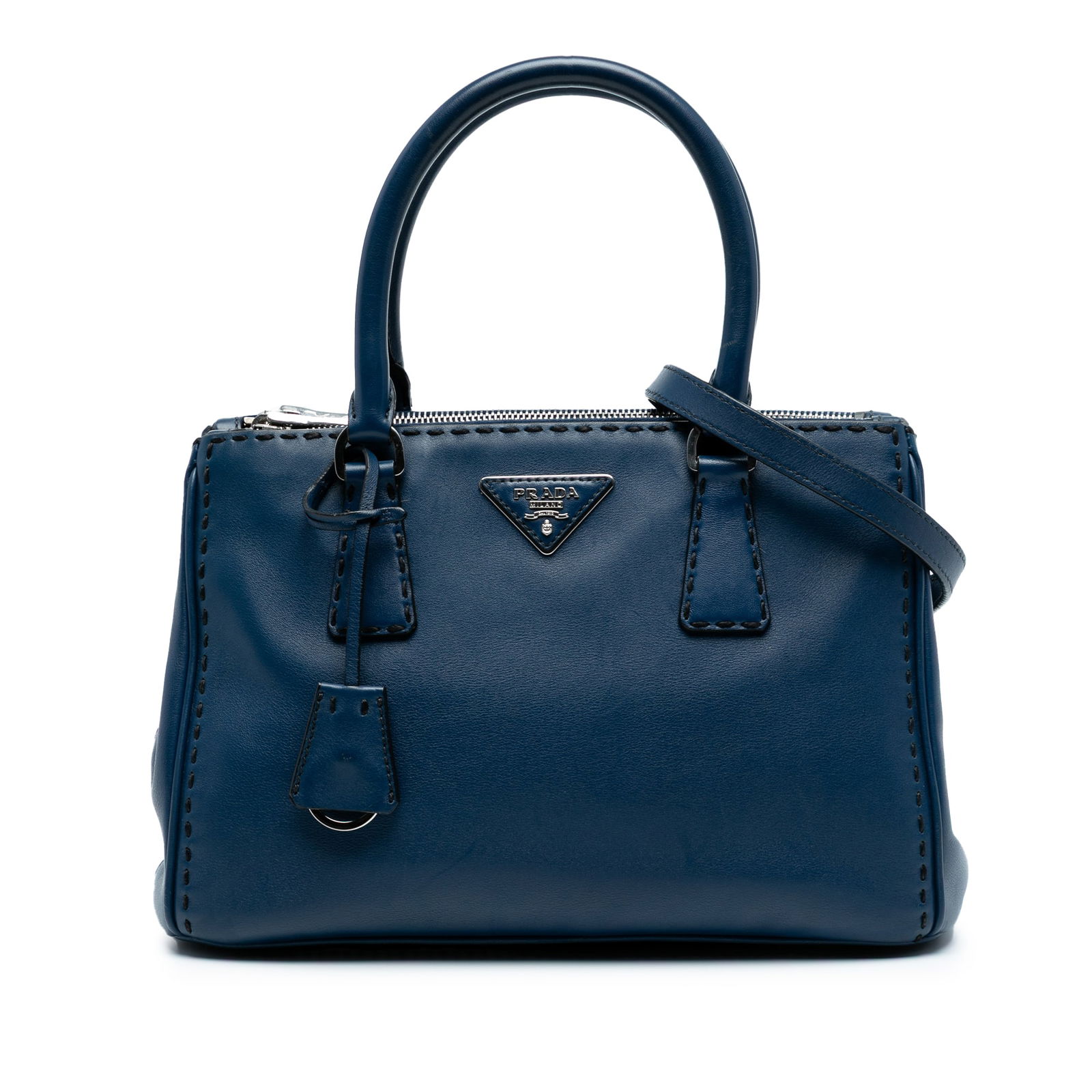 Prada Small City Calf Galleria Double Zip Satchel Blue Leather: Prada Small City Calf Galleria Double Zip Satchel Blue Leather The Prada Small City Calf Hand Stitched Galleria Double Zip Satchel is a stylish and functional accessory that combines luxury with pract