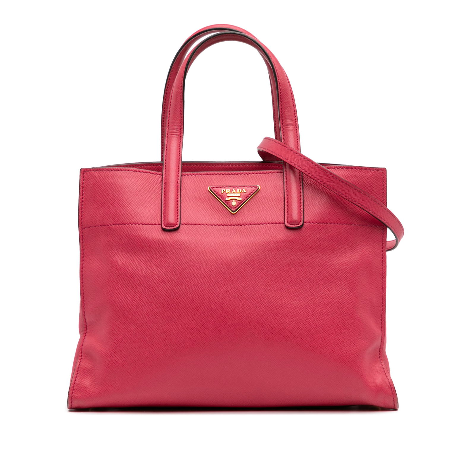 Prada Saffiano Soft Triple Pocket Tote in Pink Leather: Prada Saffiano Soft Triple Pocket Tote in Pink Leather The Prada Saffiano Soft Triple Pocket Tote is an elegant bag crafted from high-quality saffiano leather in a beautiful pink hue. It features flat